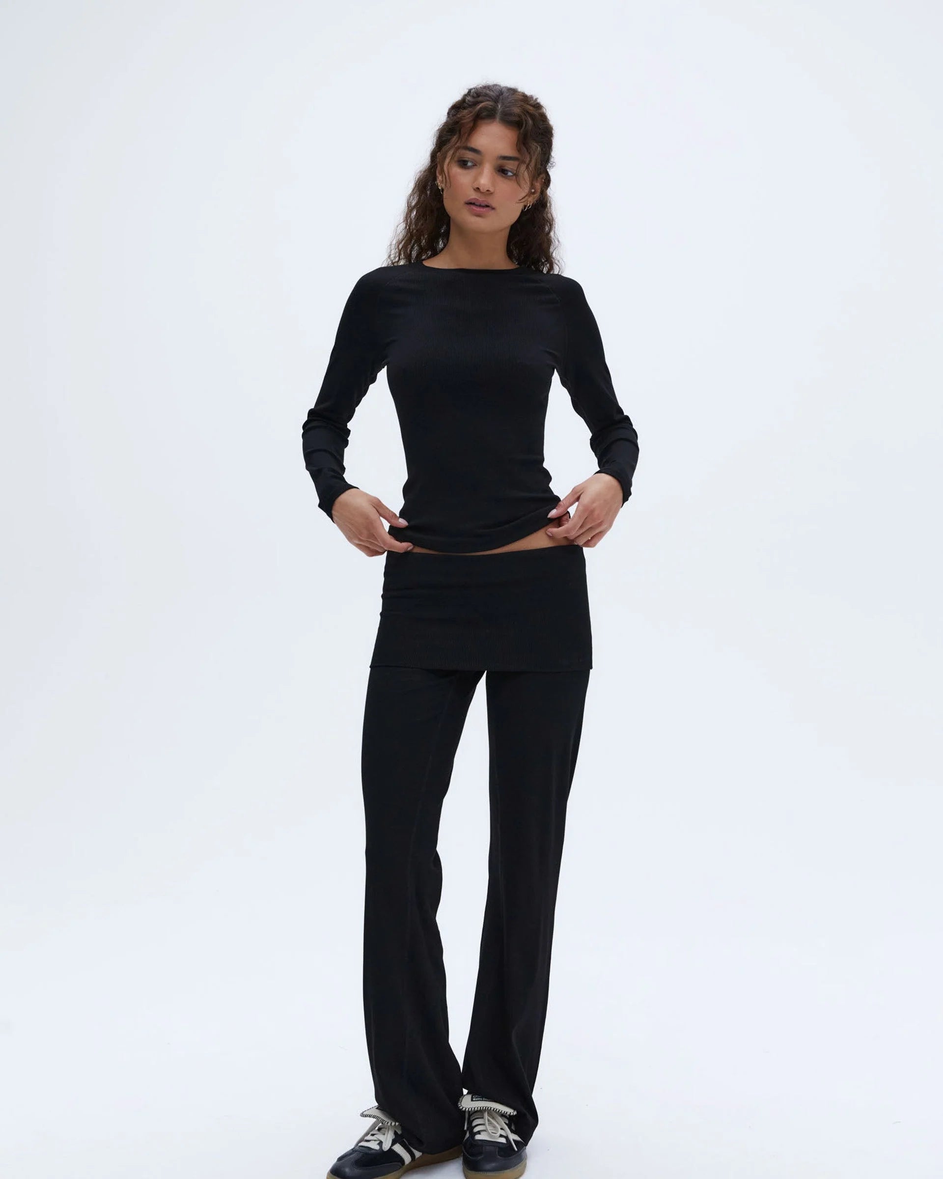 Rib Fold Over Pants - Black