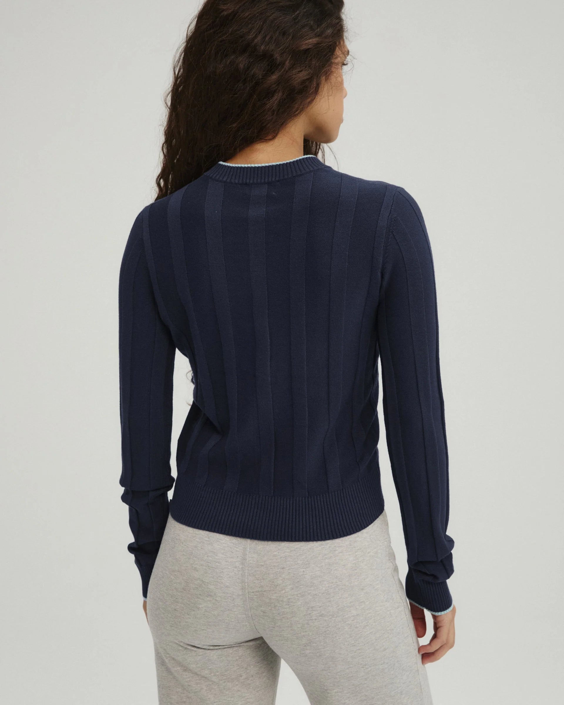 Rib Knit Contrast Tipping Cardigan - Navy Blue/Ocean Blue