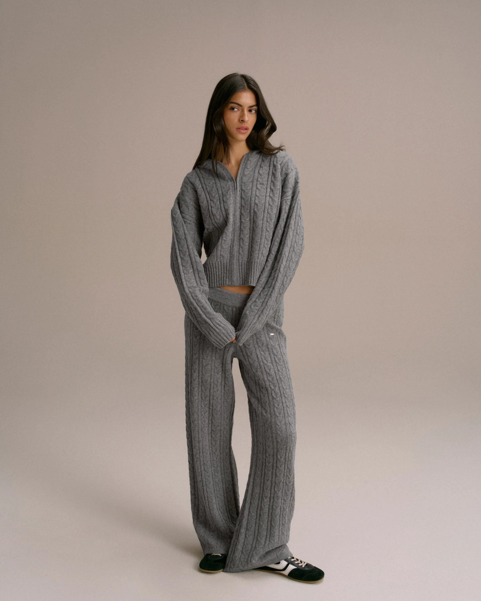 Cable Knit Zip Hoodie - Dark Grey Melange
