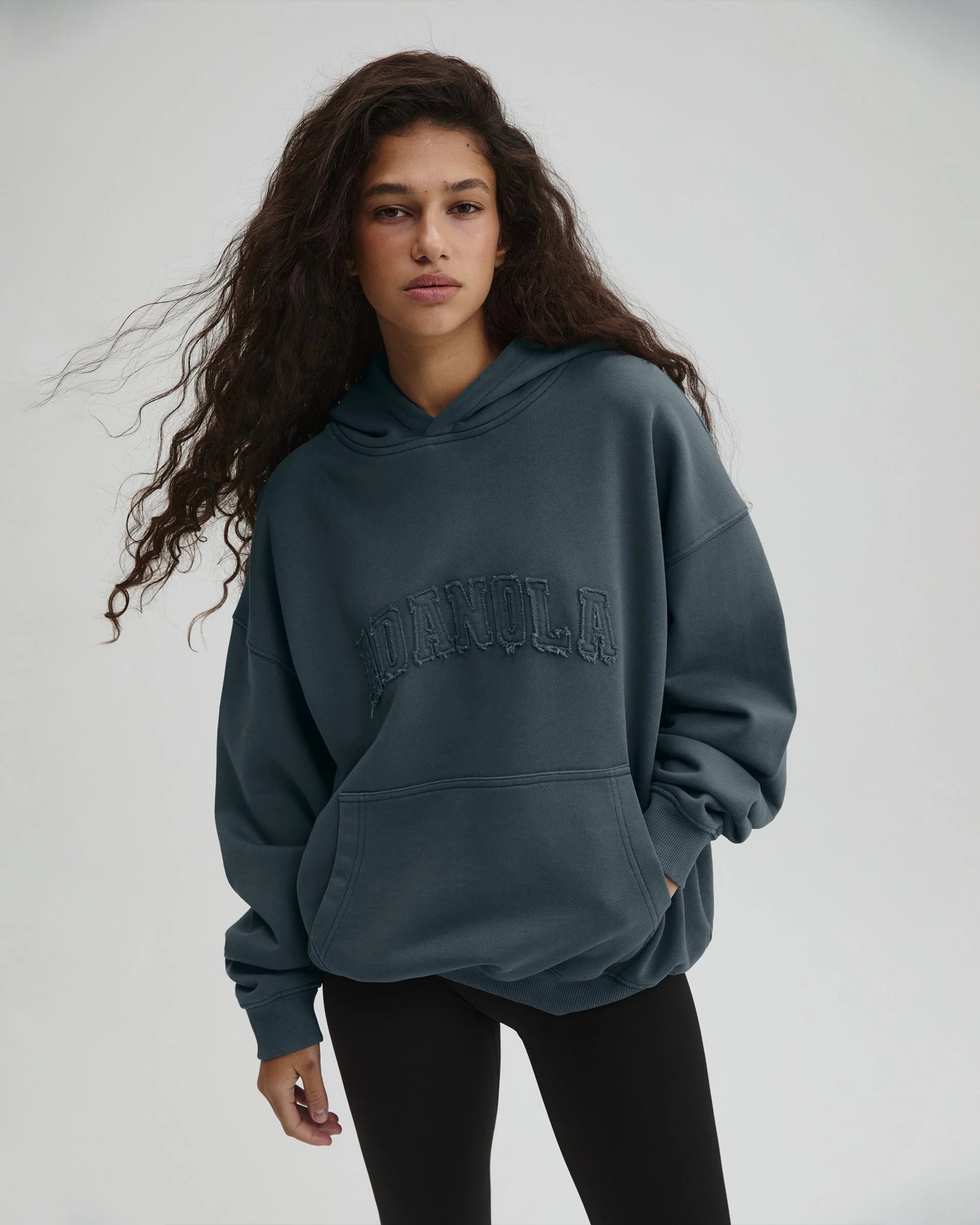Distressed Varsity Washed Oversized Hoodie - Storm Blue