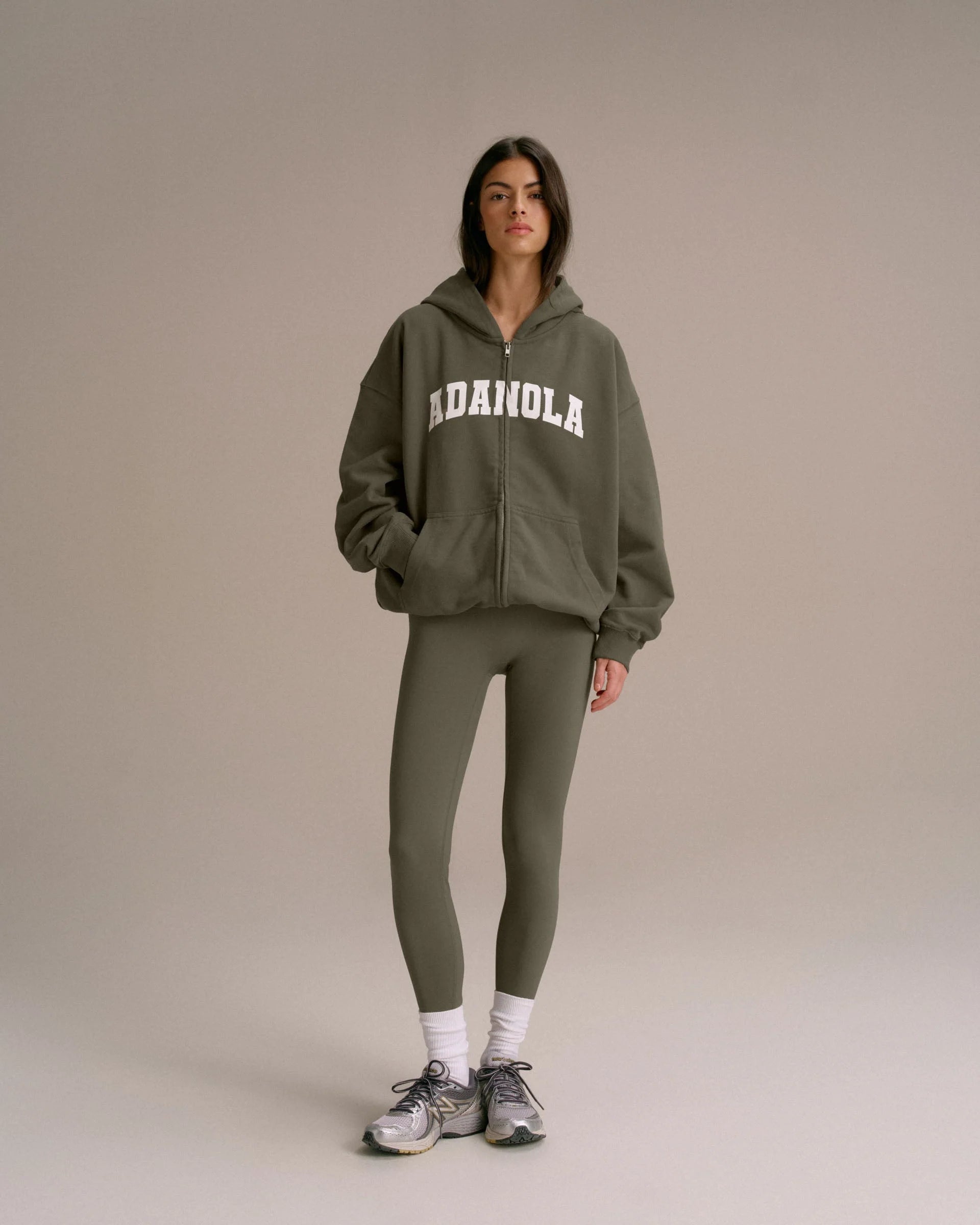 Varsity Oversized Full Zip Hoodie - Olive Green/Marshmallow White