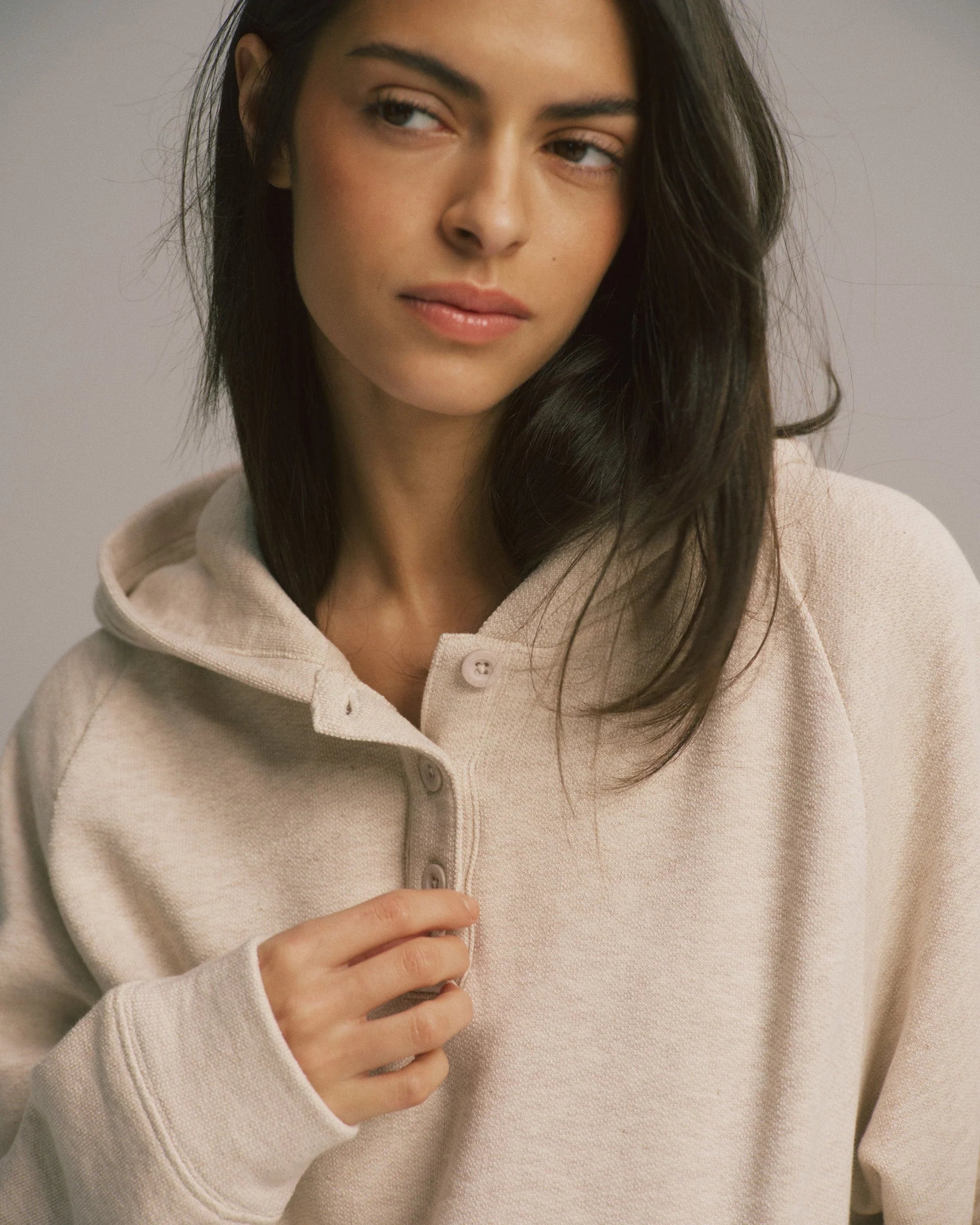 Loopback Henley Hoodie - Oatmeal Melange