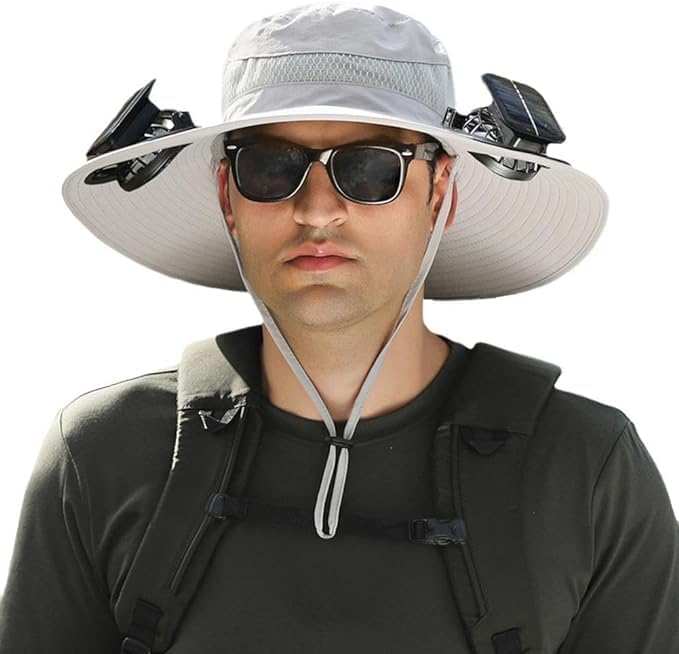 Outdoor Wide Brim Sun Hat with 2 Solar Fan Sun Bucket Hat for Men Women UPF 50+ Bucket Fishing & Beach Hat with Fan Built in