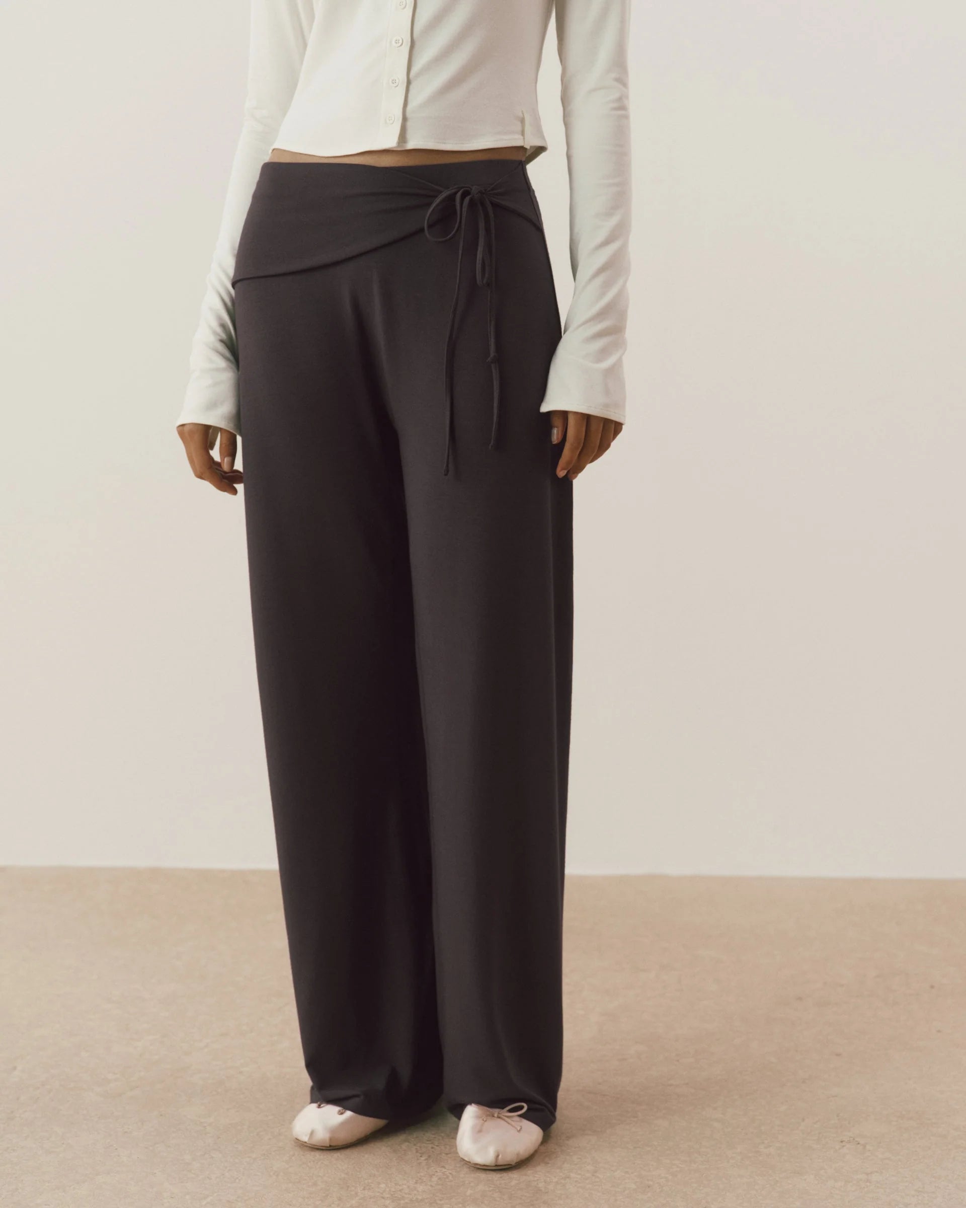 Modal Wrap Tie Waist Pants - Coffee Bean