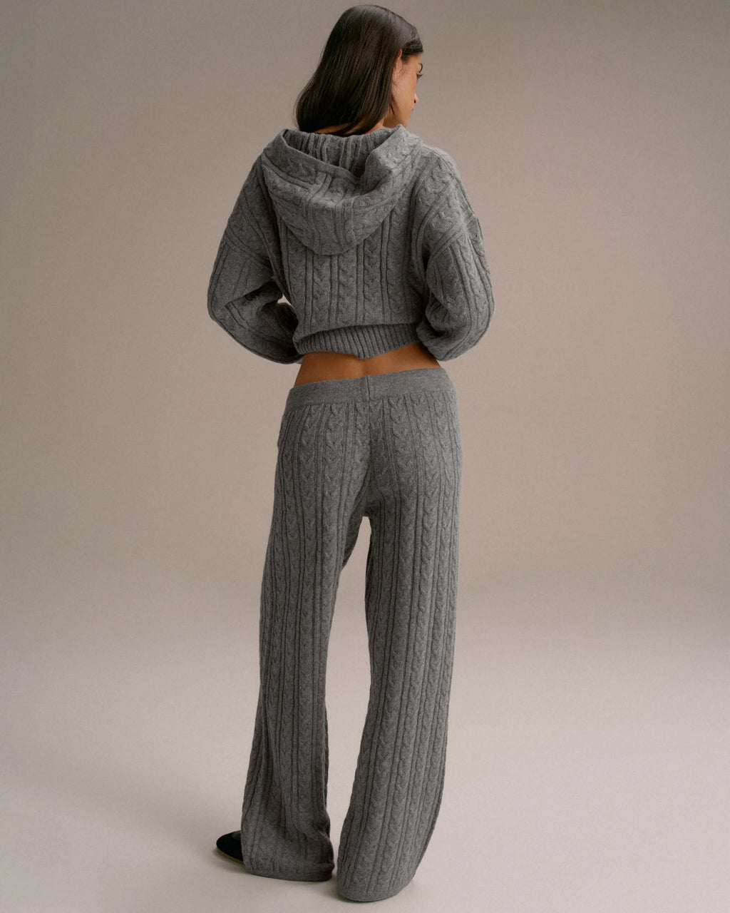 Cable Knit Straight Leg Trousers - Dark Grey Melange