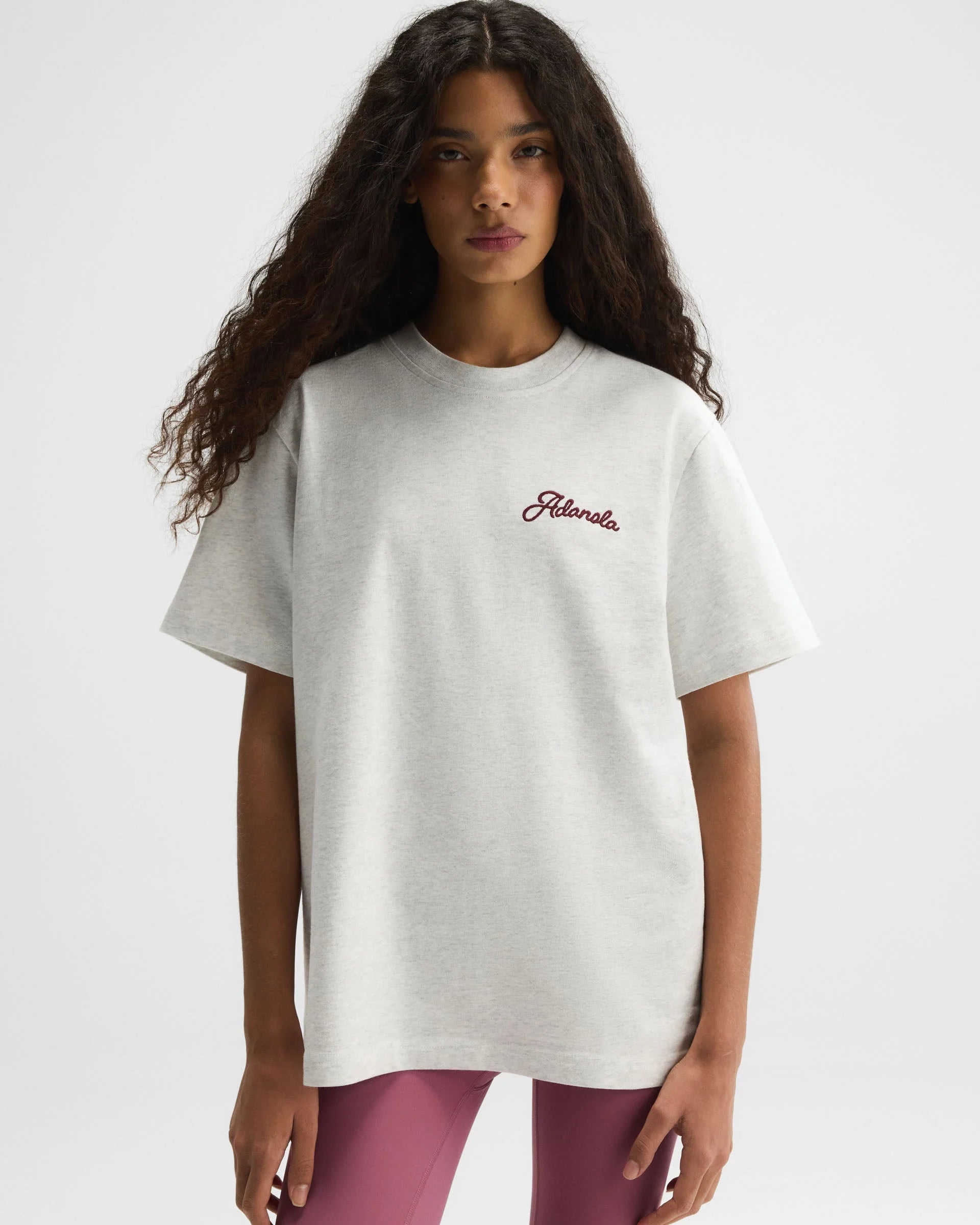 Adanola Script Embroidered Short Sleeve Oversized T-shirt - Light Grey Melange/Damson Red