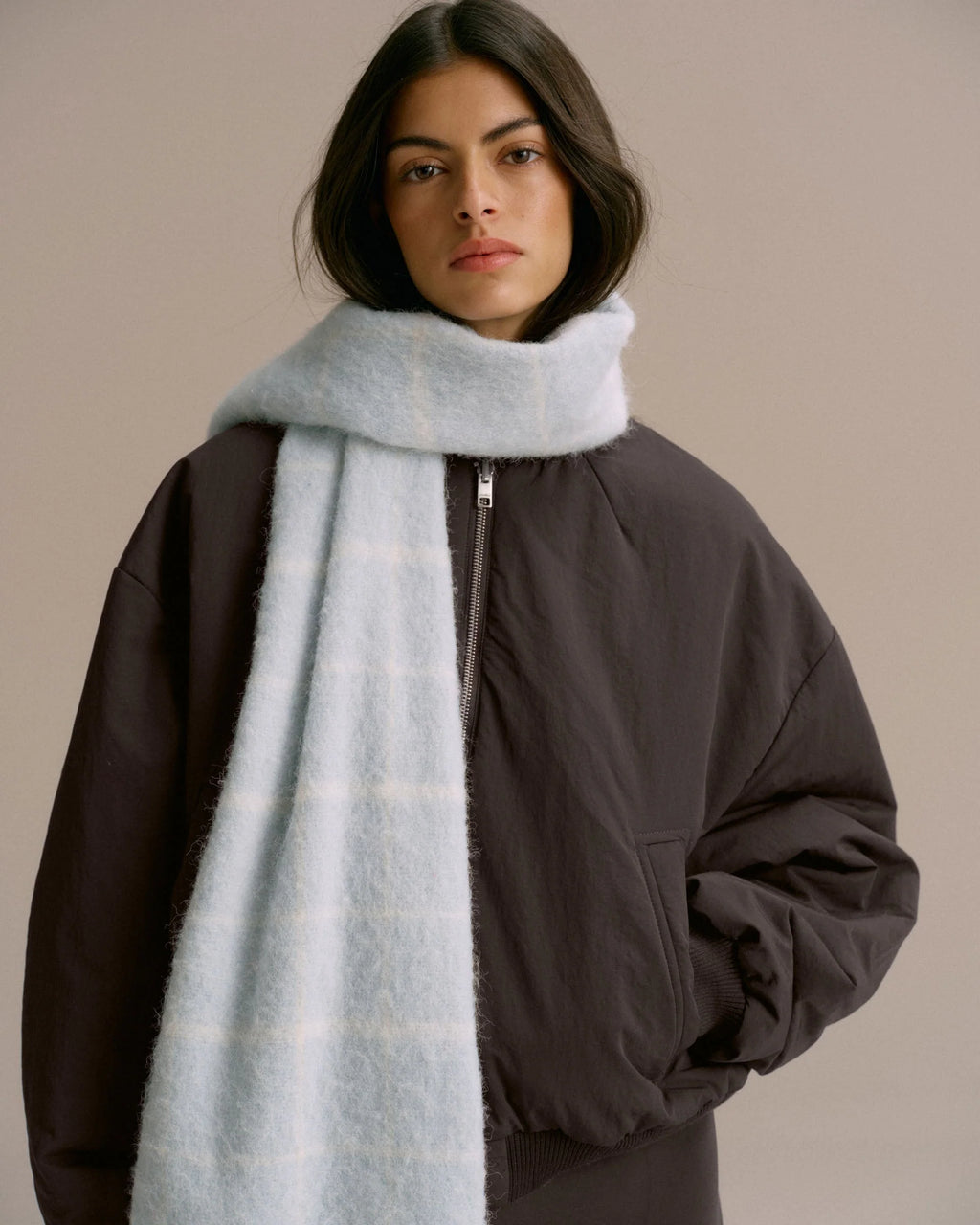 Brushed Checked Scarf - Light Blue