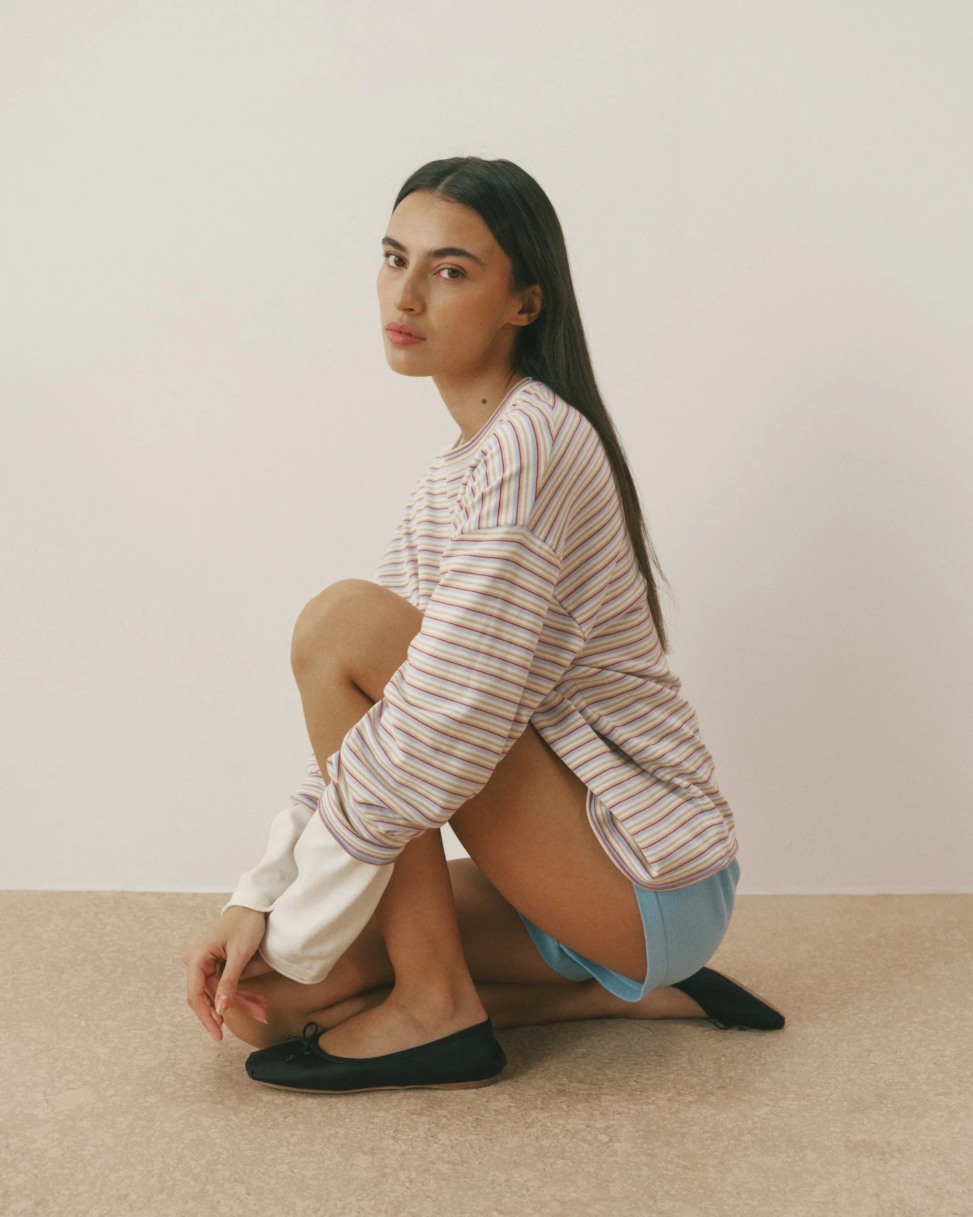 Varsity Knit Roll Hem Stripe Sweatshirt - Marshmallow White