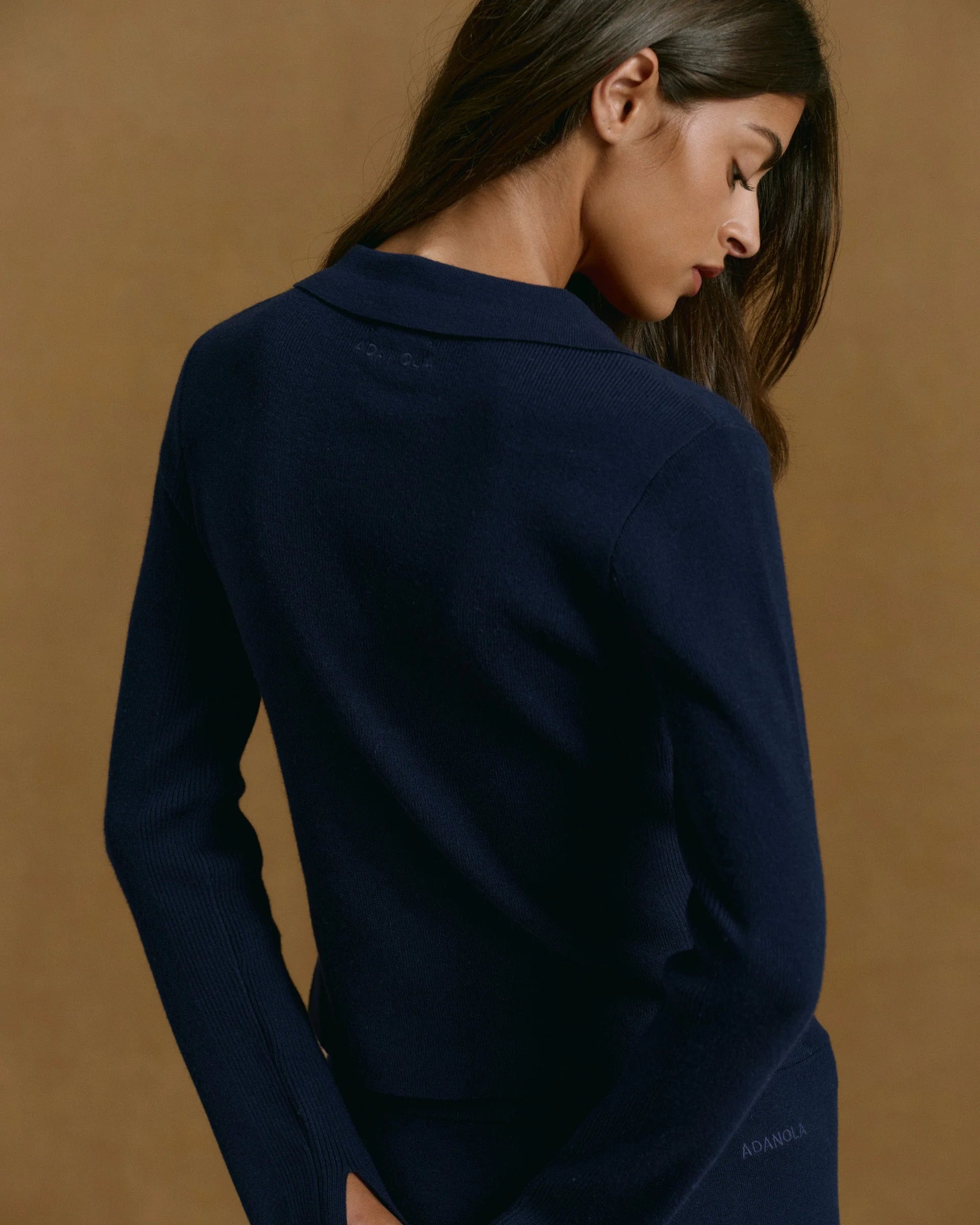 Knit Long Sleeve Button Up Top - Navy Blue