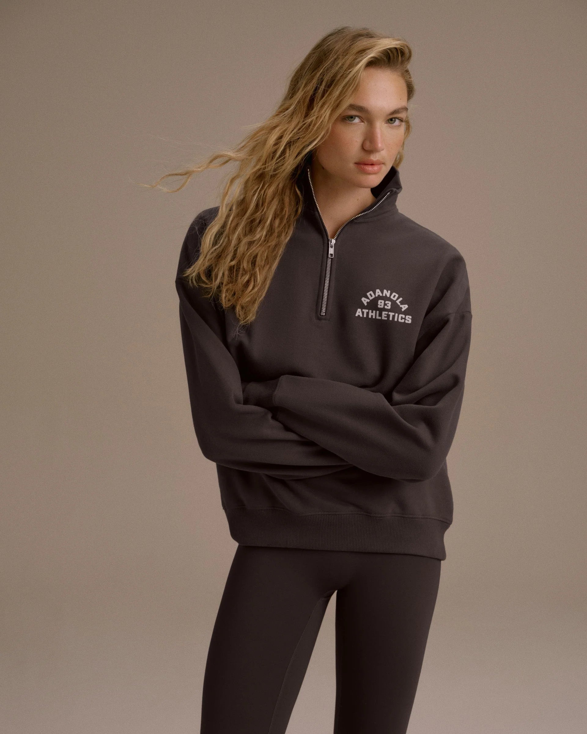 Campus Oversized Funnel Neck Zip Sweatshirt - Washed Coffee Bean/Marshmallow White