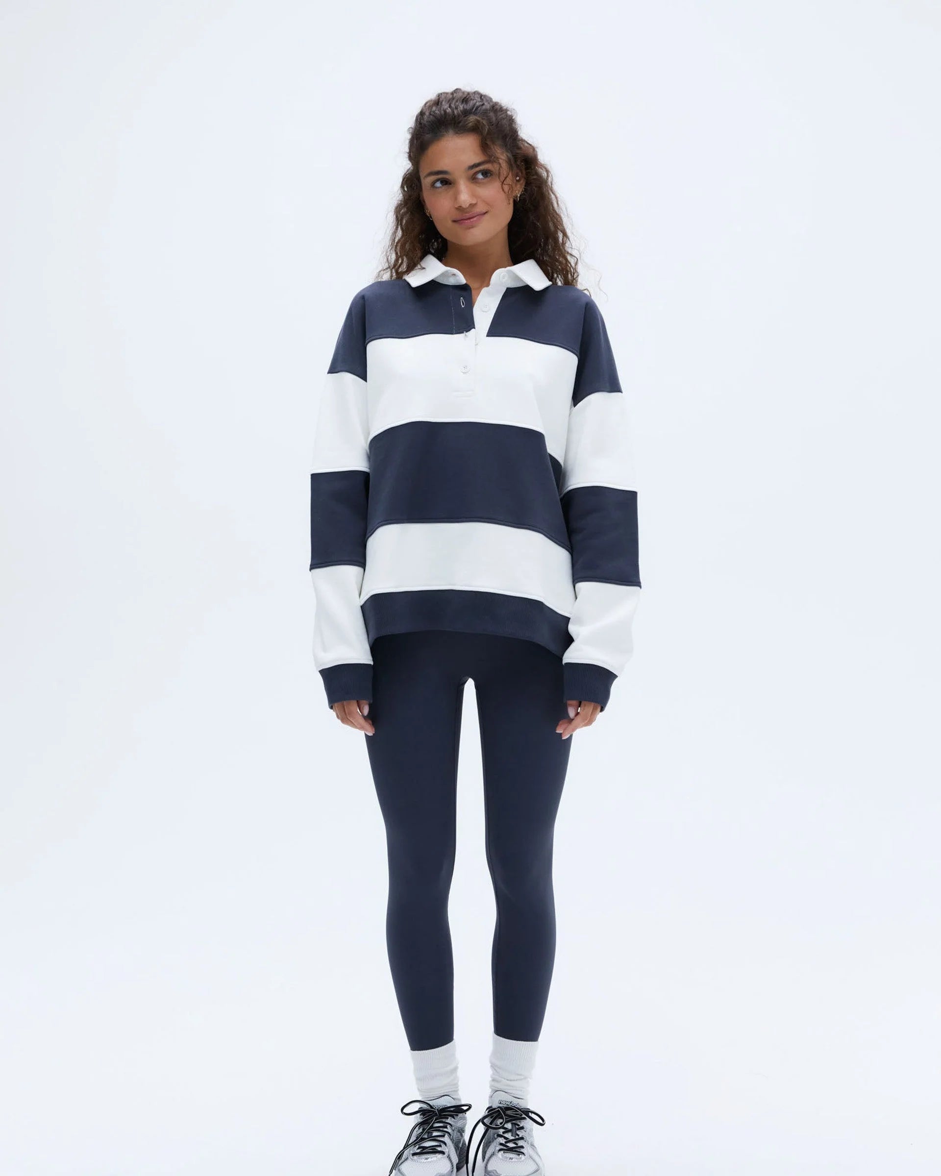 Stripe Oversized Henley Sweatshirt - Midnight Blue/Marshmallow White