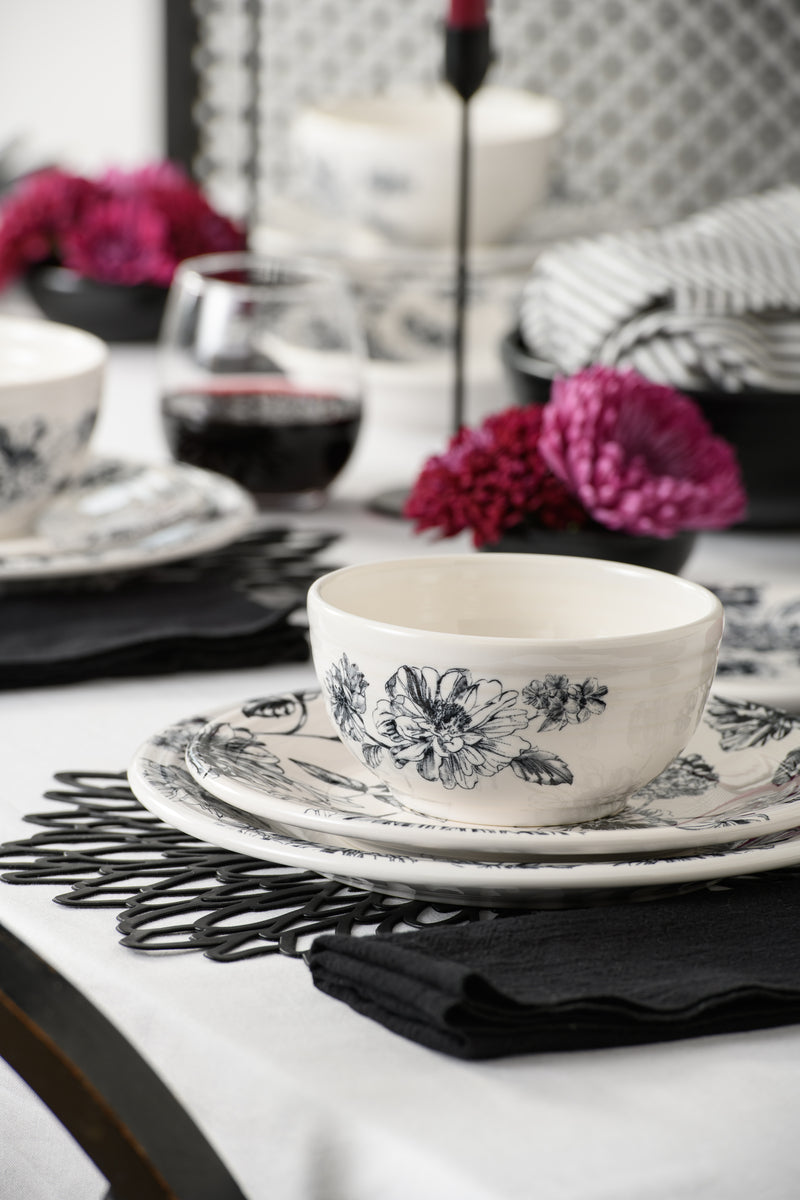 Botanical Floral Black Classic Bistro 3-Piece Dinnerware Set, Service For 1