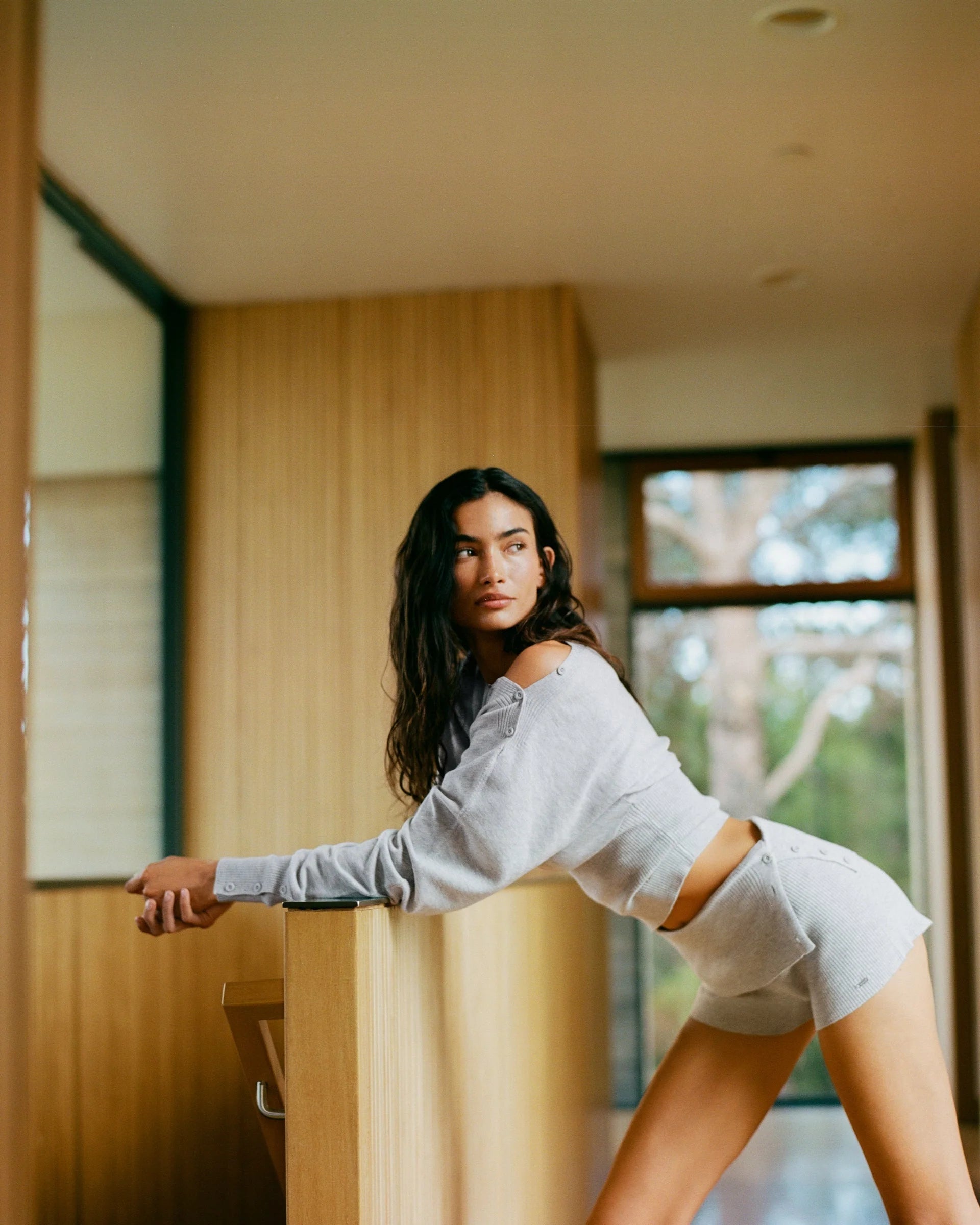 Knit Fold Over Rib Shorts - Light Grey Melange