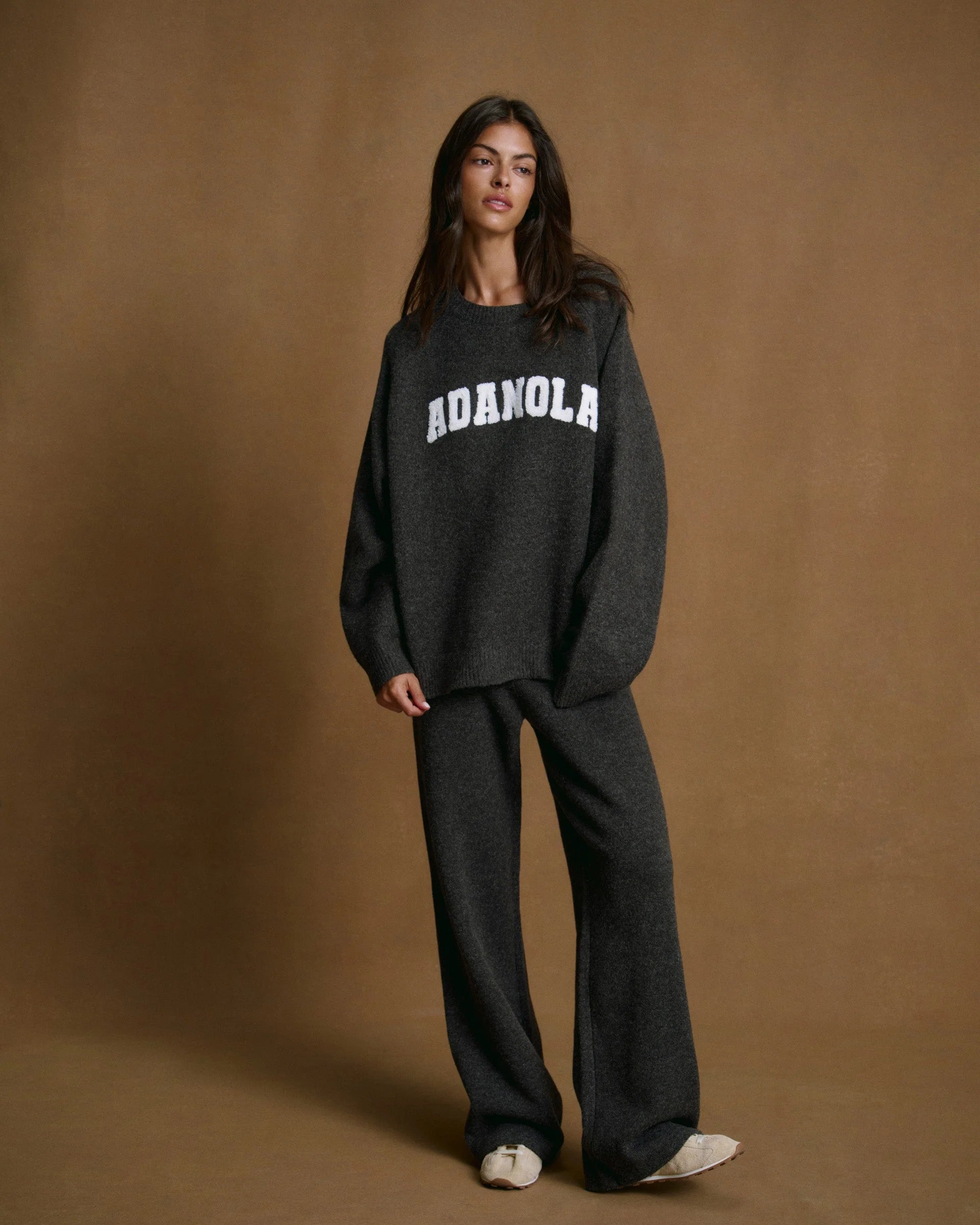 Varsity Boucle Oversized Knit Sweatshirt - Charcoal Grey/Marshmallow White