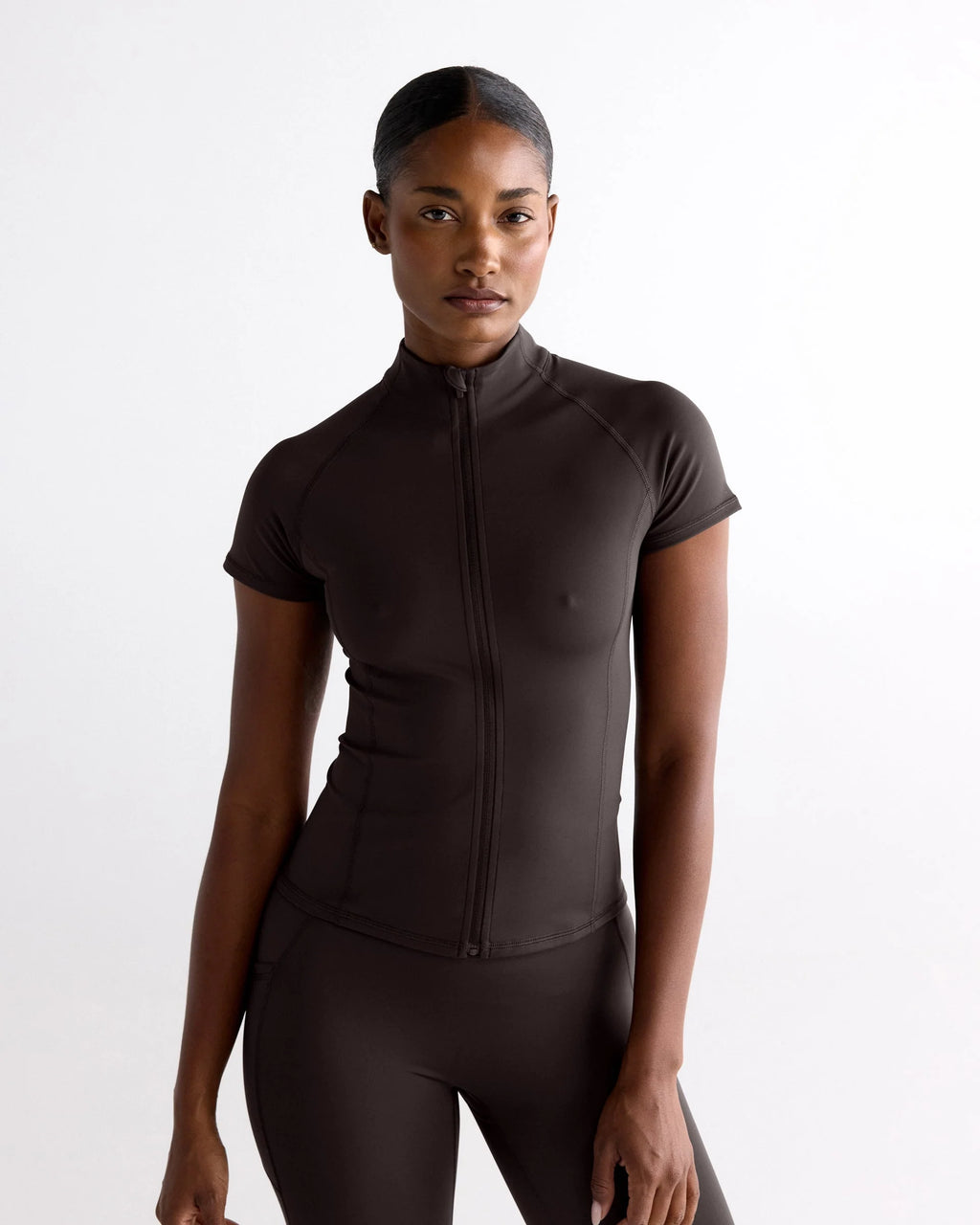Ultimate Short Sleeve Zip Up Top - Coffee Bean