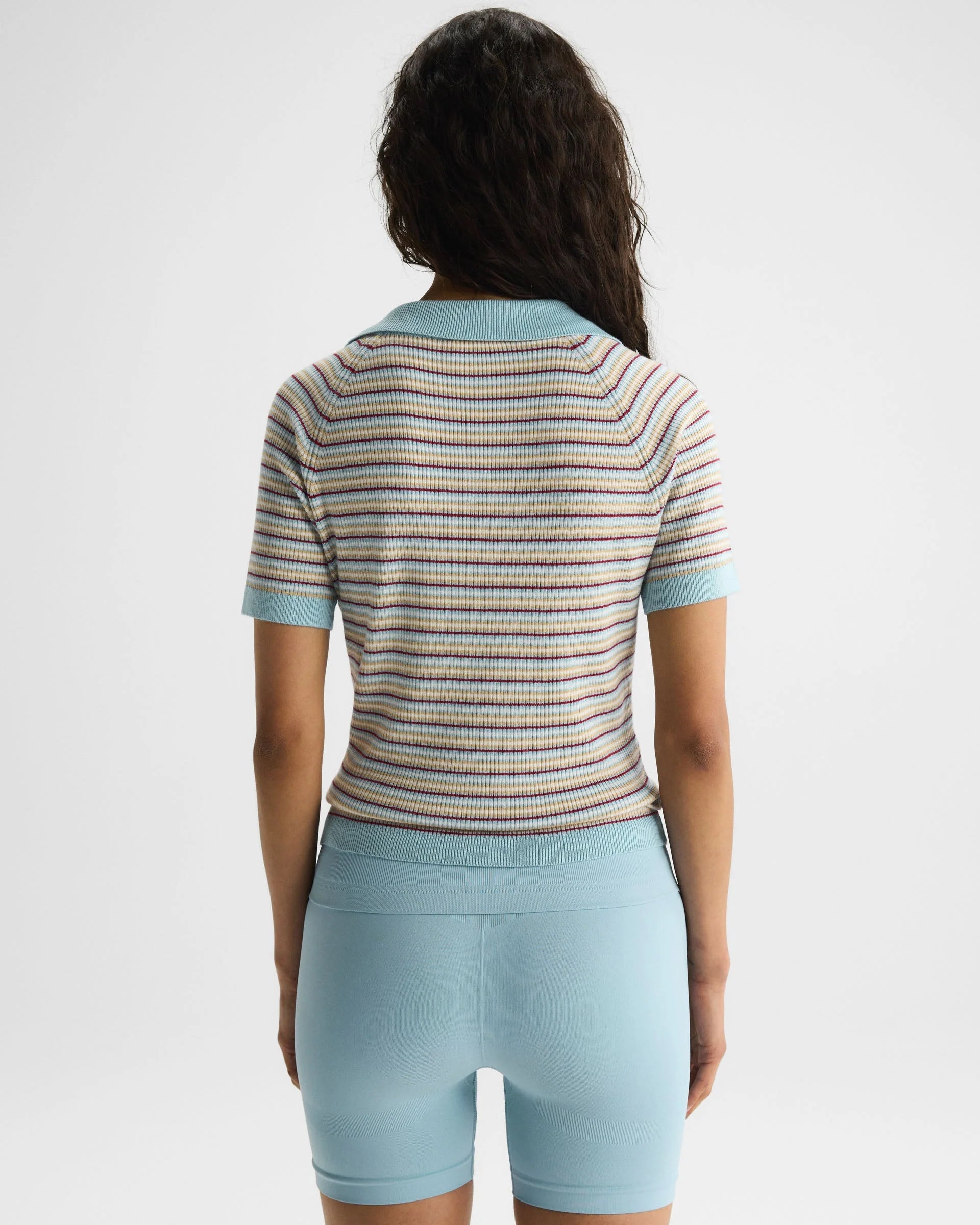 Stripe Knit Polo Top - Breeze Blue