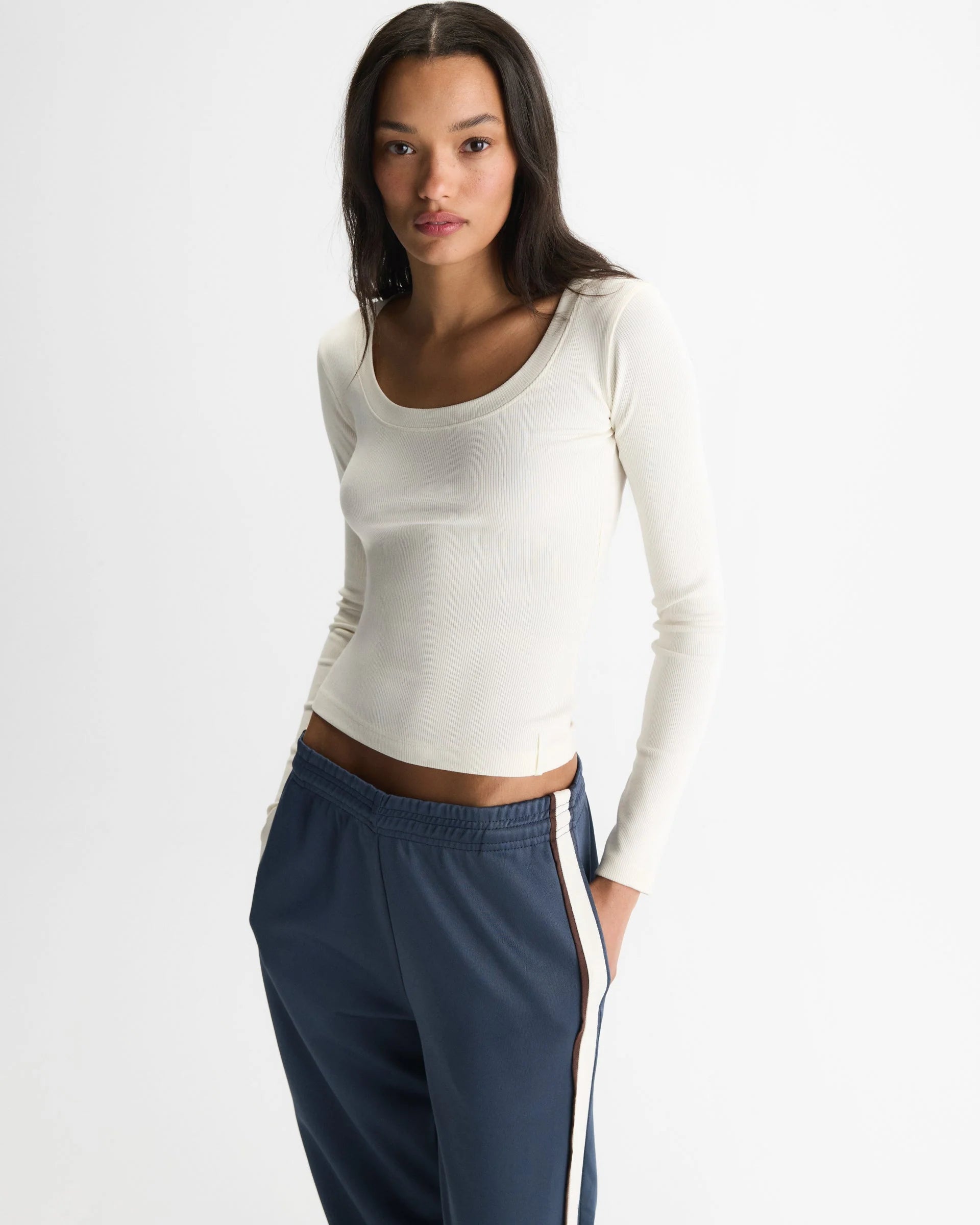 Soft Modal Rib Scoop Neck Long Sleeve Top - Marshmallow White