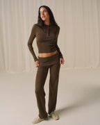 Knit Button Up Top - Dark Mocha Brown
