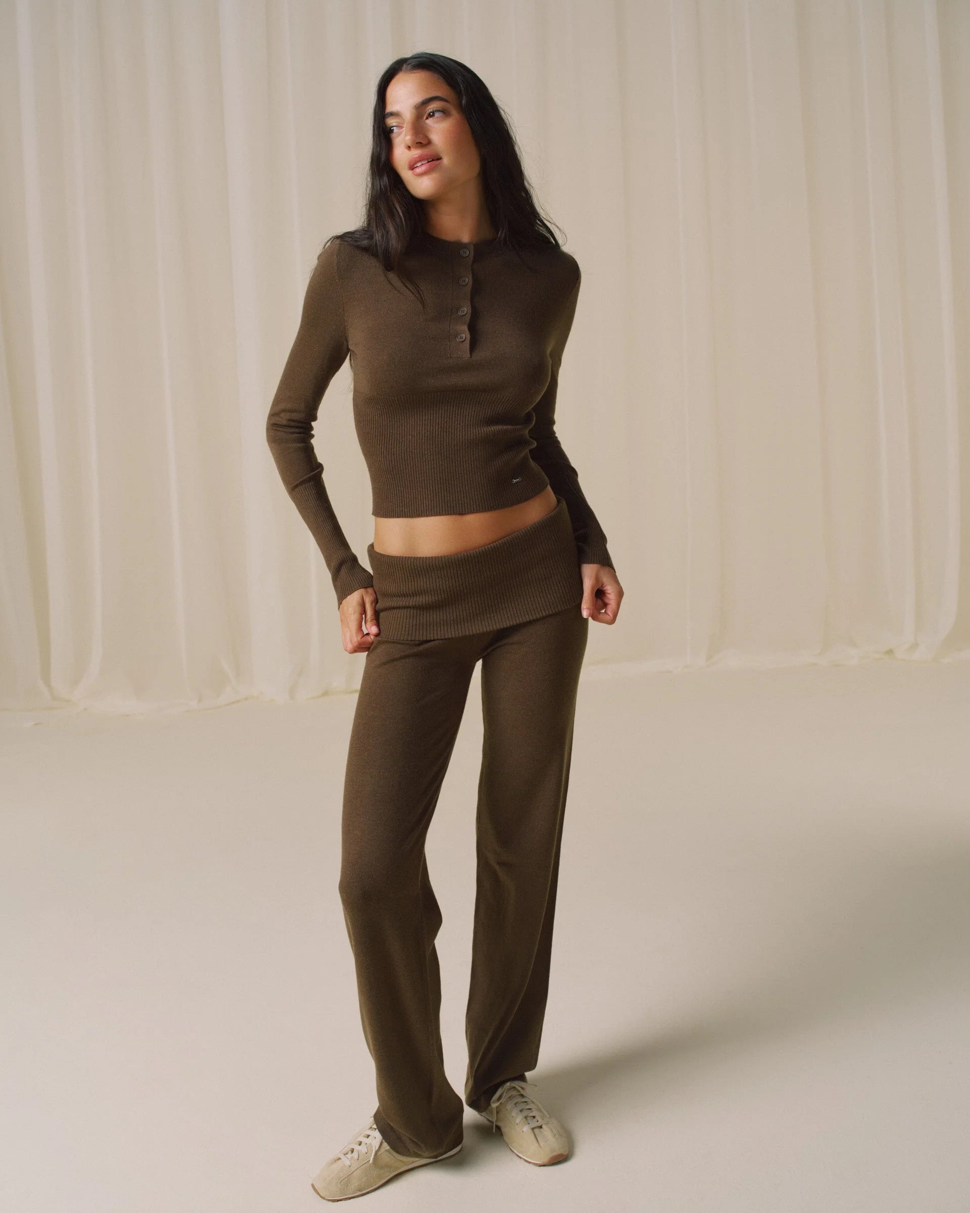 Knit Button Up Top - Dark Mocha Brown