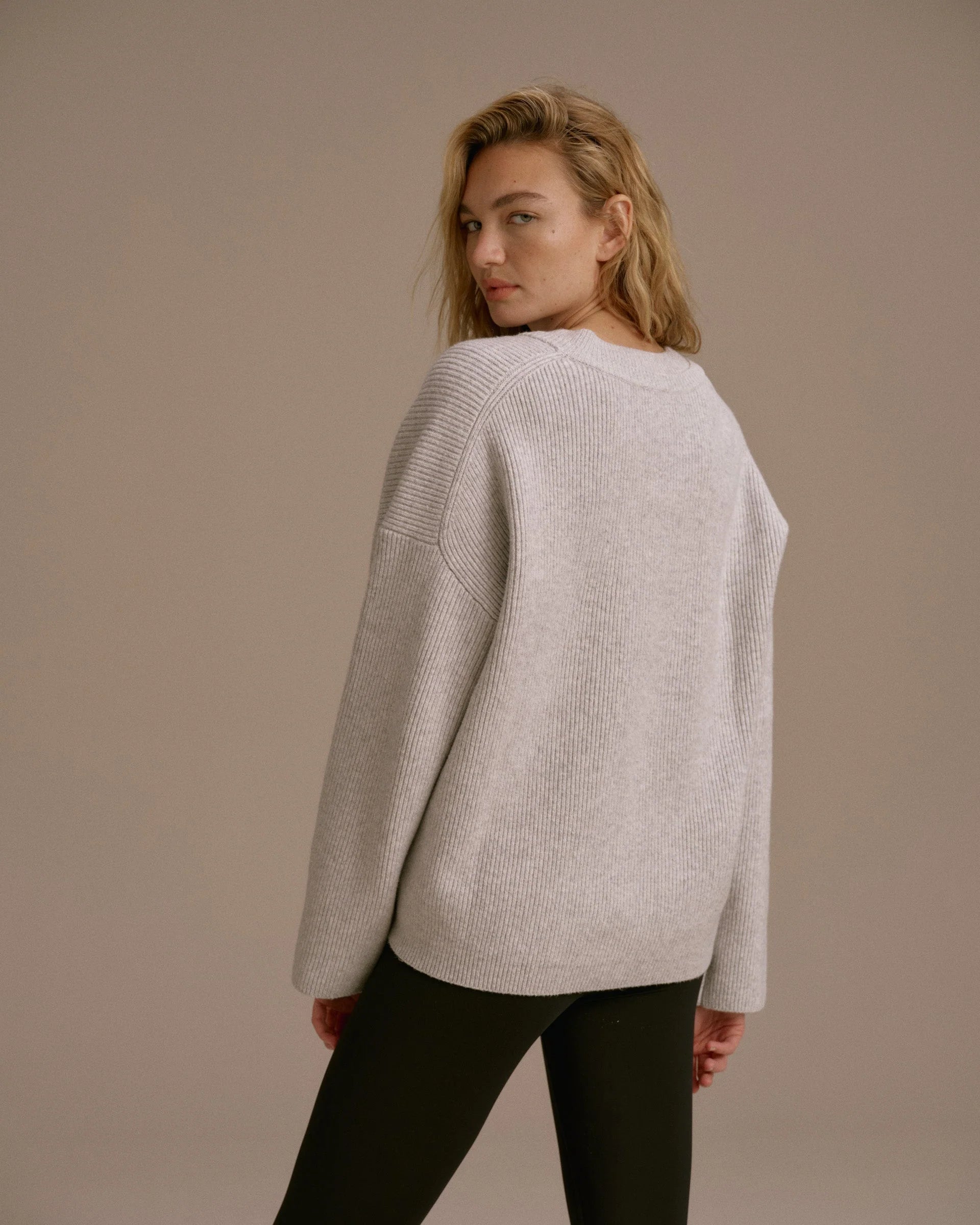 Knit Double V Neck Sweatshirt - Light Grey Melange
