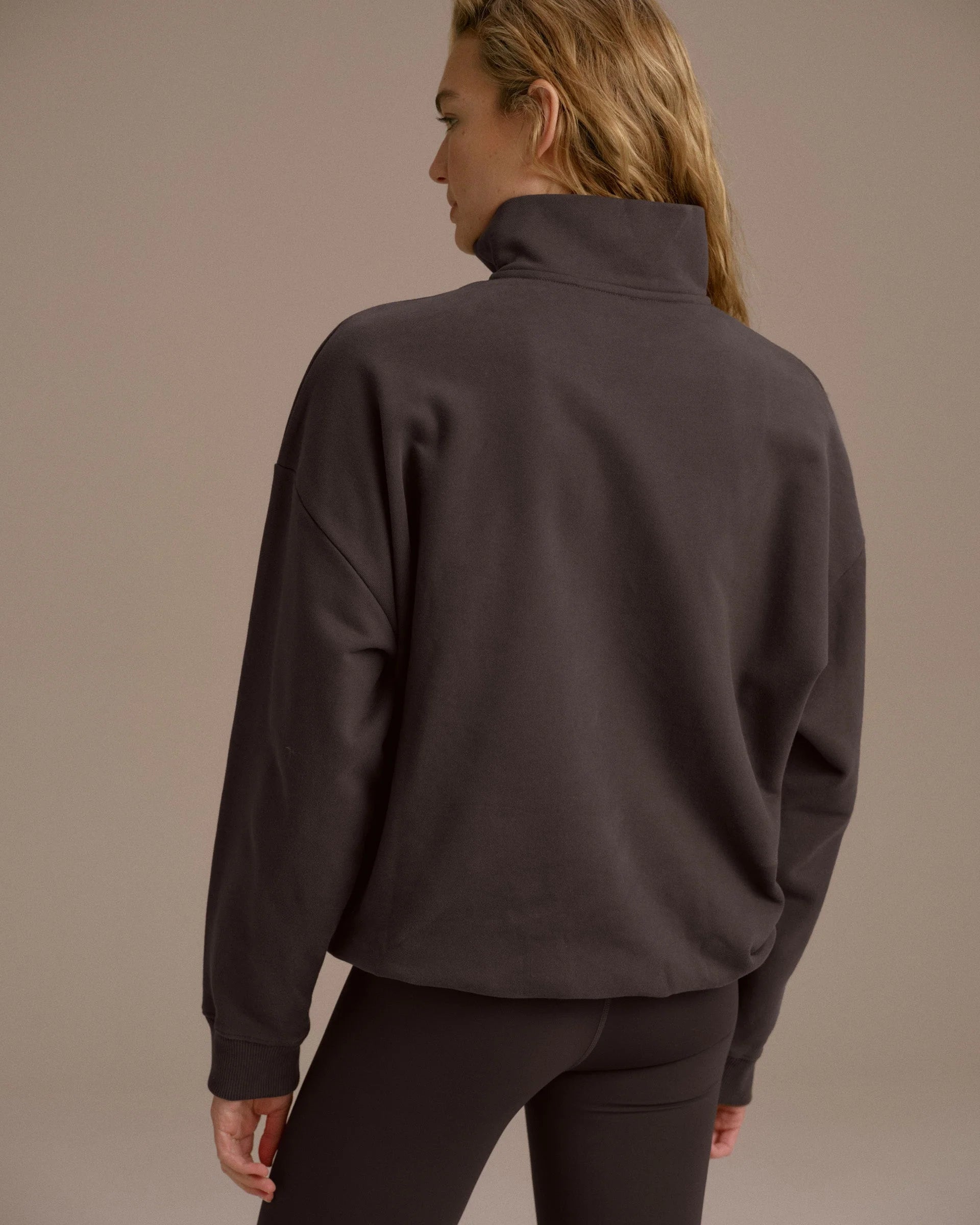 Campus Oversized Funnel Neck Zip Sweatshirt - Washed Coffee Bean/Marshmallow White