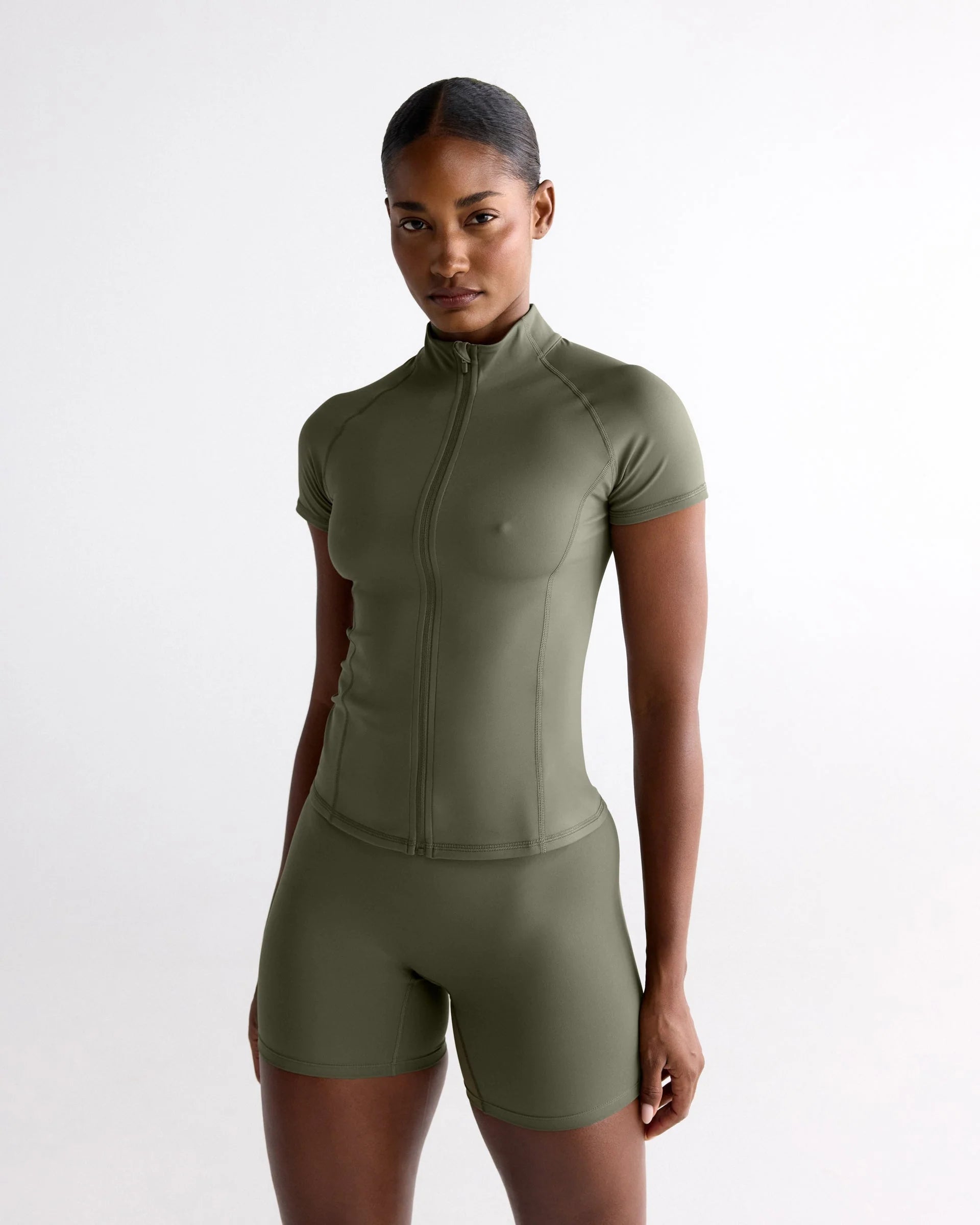 Ultimate Short Sleeve Zip Up Top - Olive Green