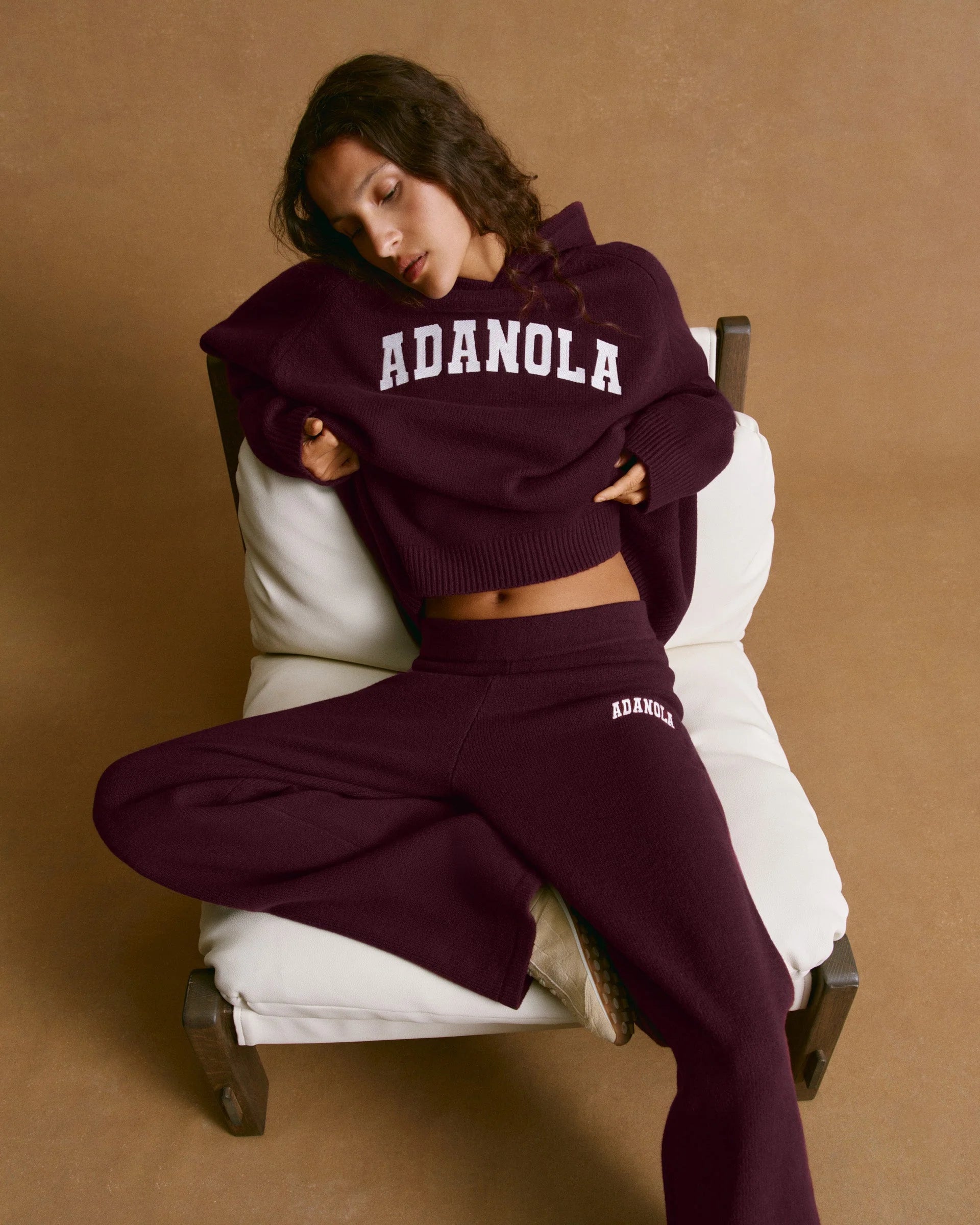 Varsity Oversized Knit Hoodie - Dark Cherry/Marshmallow White
