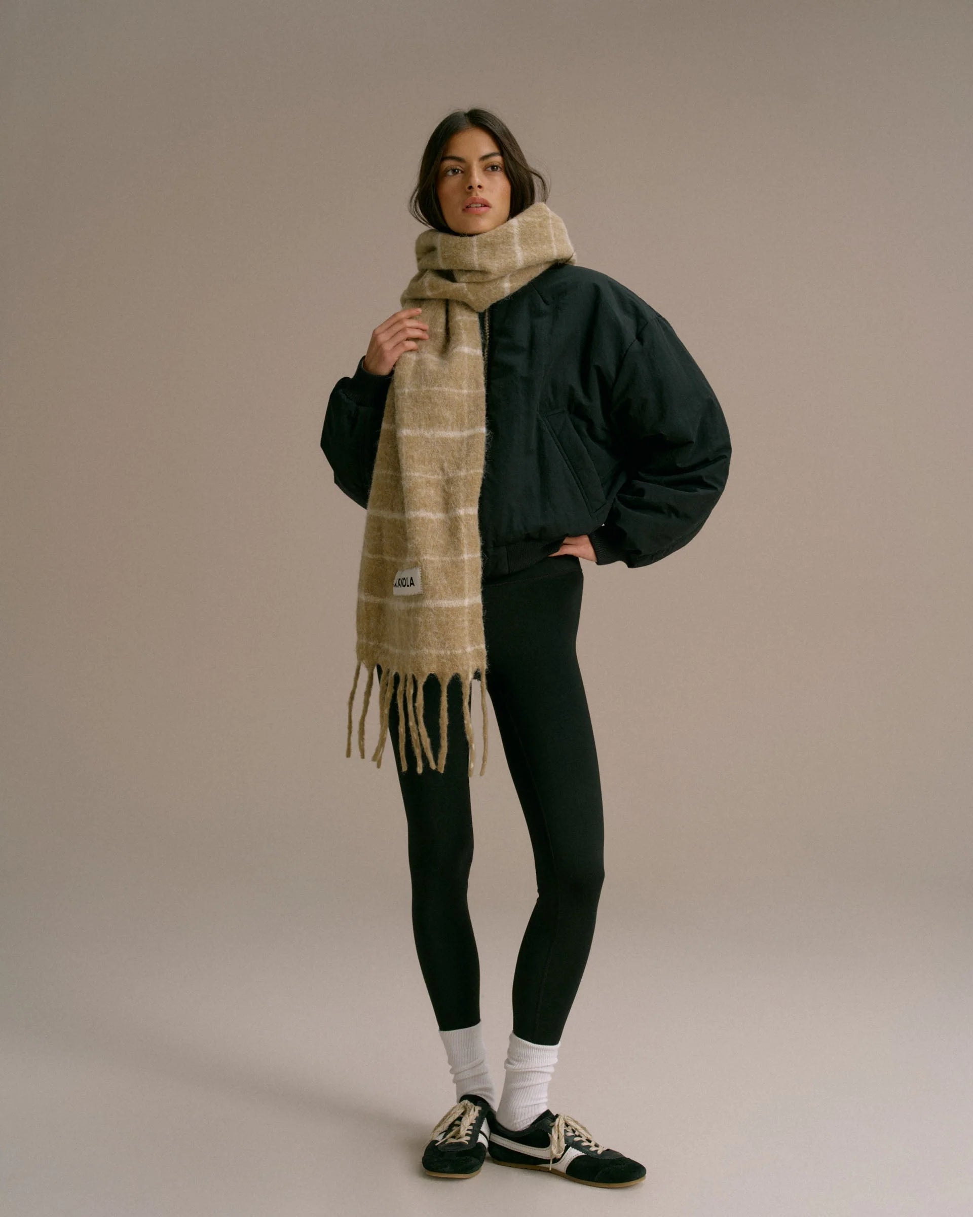 Wool Blend Brushed Checked Scarf - Stone/Marshmallow White