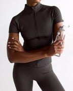 Ultimate Short Sleeve Zip Up Top - Coffee Bean