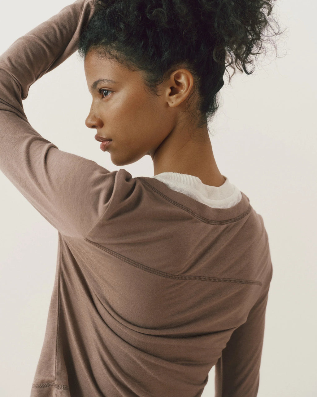 V-Neck Double Layered Top - Dusty Brown/White