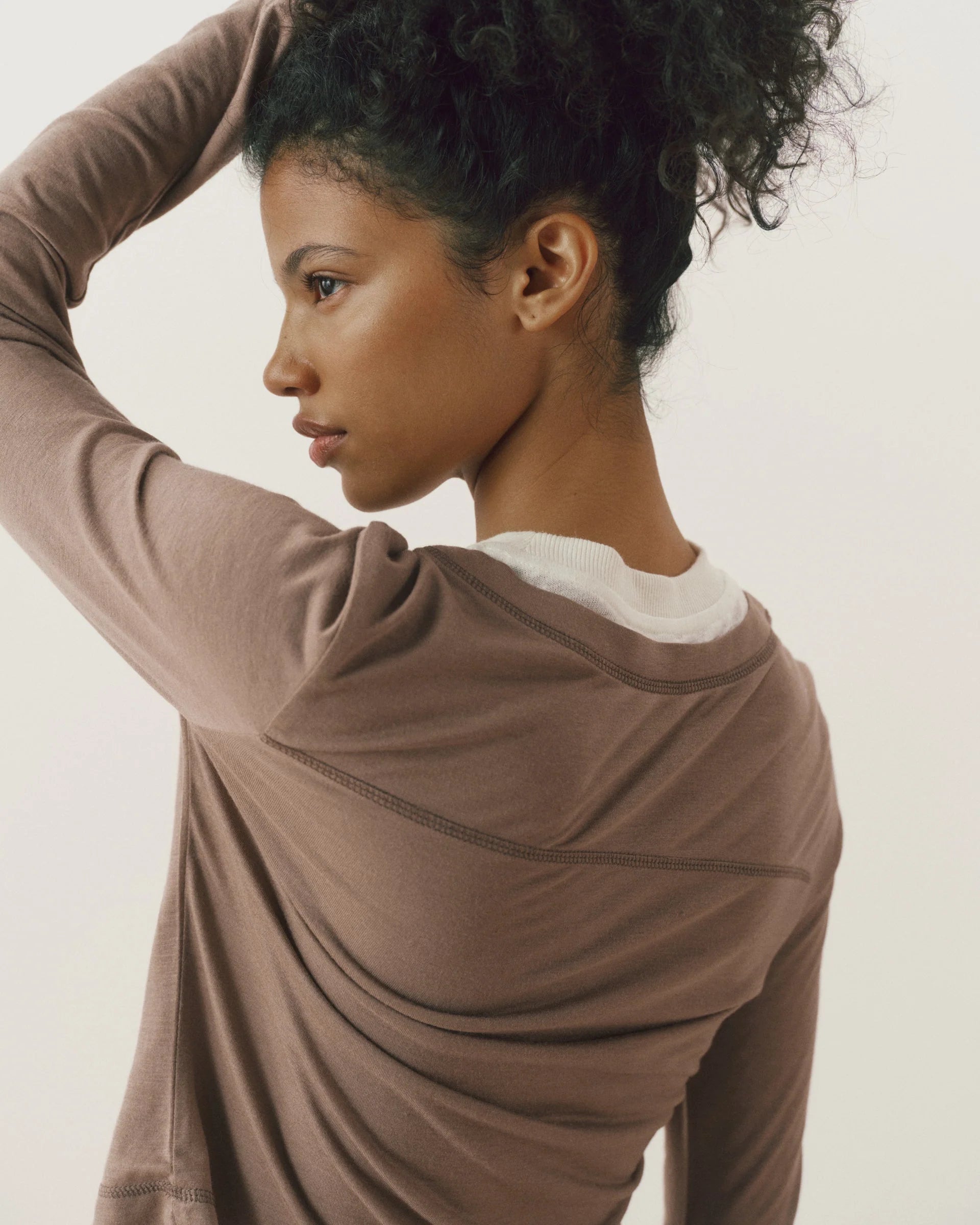 V-Neck Double Layered Top - Dusty Brown/White