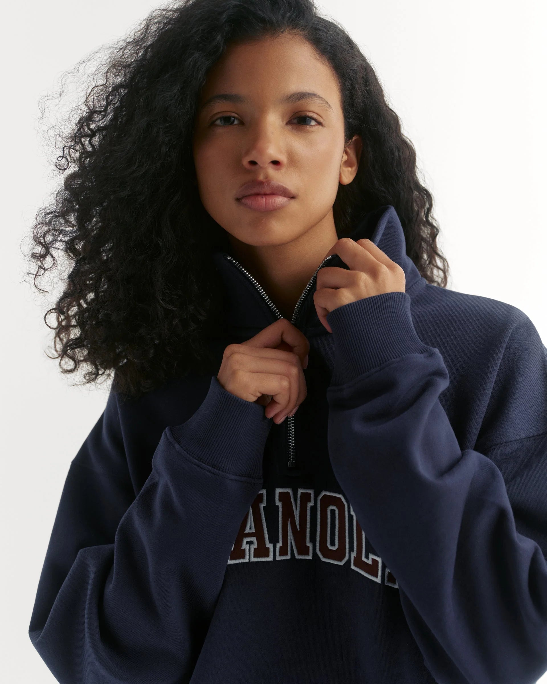 Varsity Relaxed Funnel Neck Zip Sweatshirt - Navy Blue/Mulberry Red