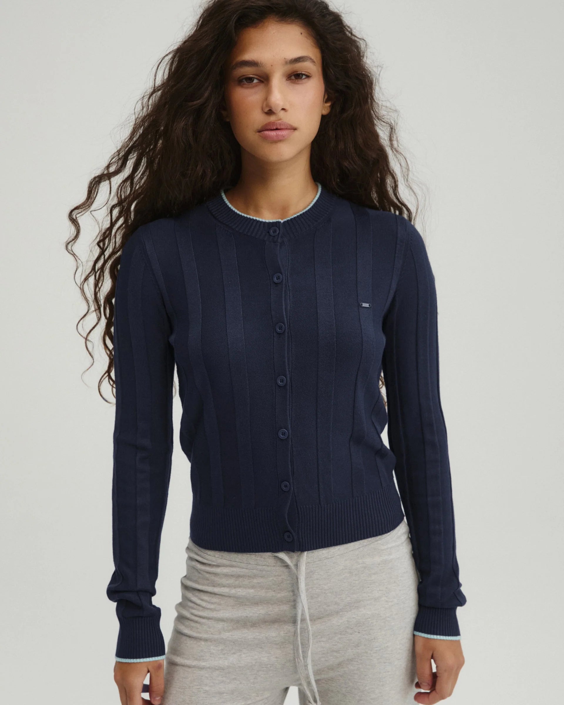 Rib Knit Contrast Tipping Cardigan - Navy Blue/Ocean Blue