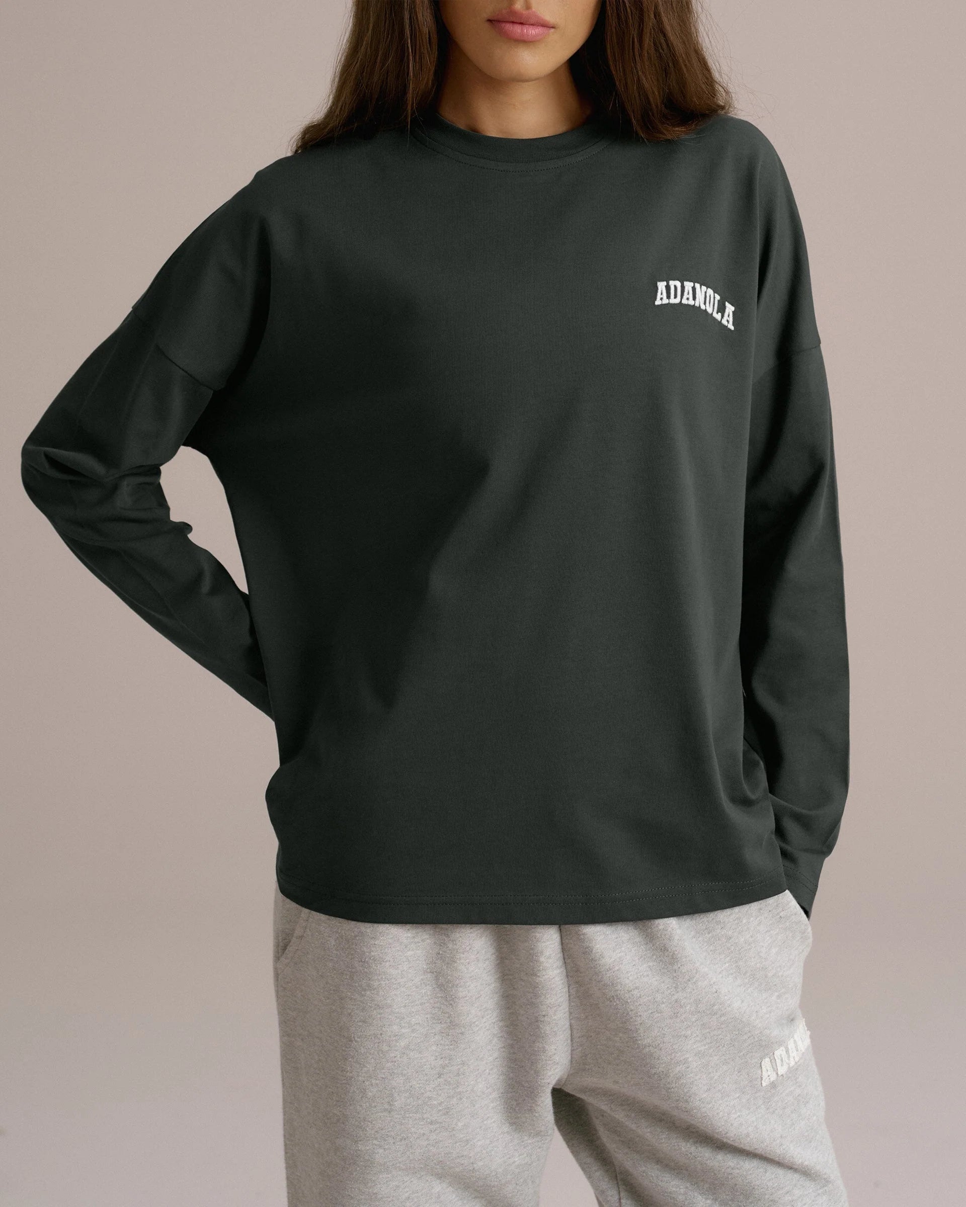 Varsity Long Sleeve Drop Shoulder T-shirt - Moss Green/Marshmallow White