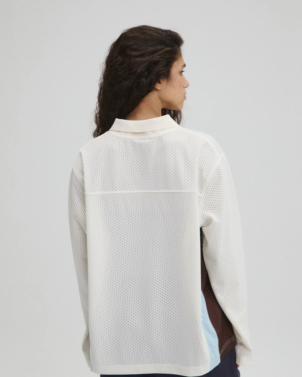 Collared Mesh Long Sleeve Jersey Top - Marshmallow White