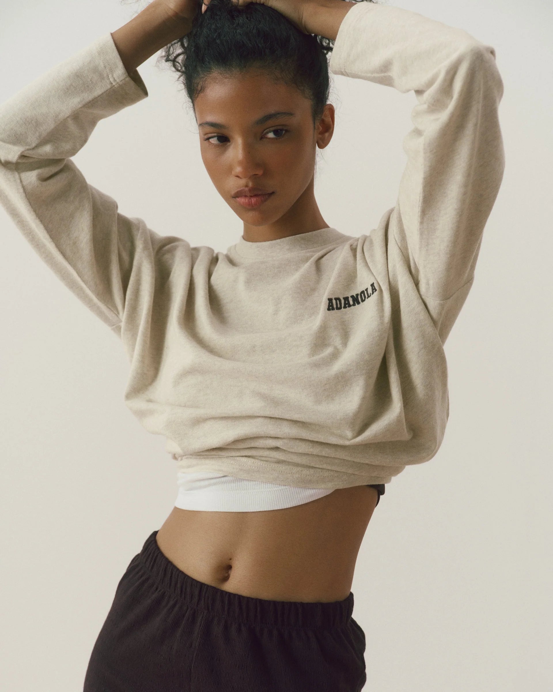 Varsity Long Sleeve Drop Shoulder T-shirt - Oat Melange/Coffee Bean