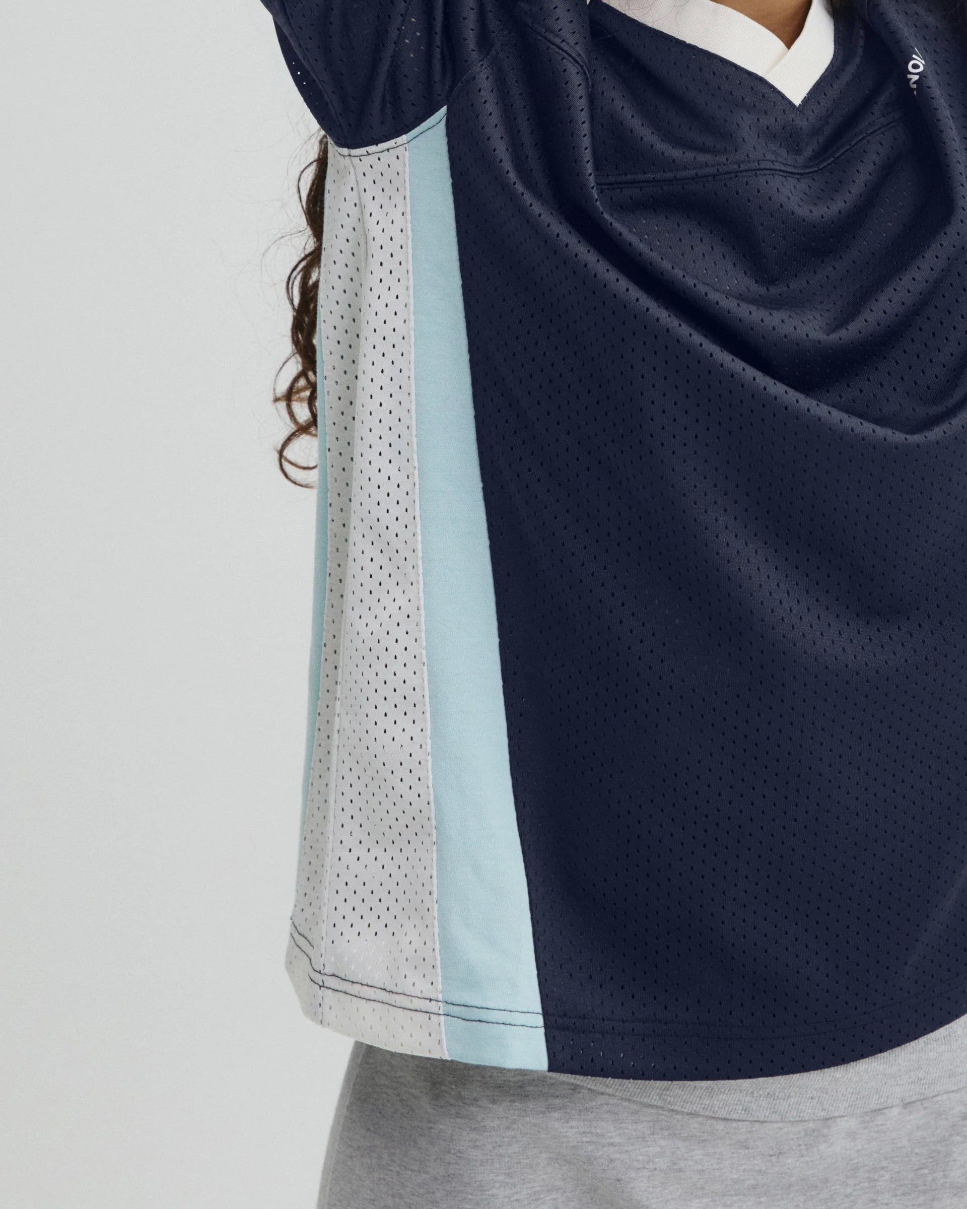 Collared Mesh Long Sleeve Jersey Top - Midnight Blue