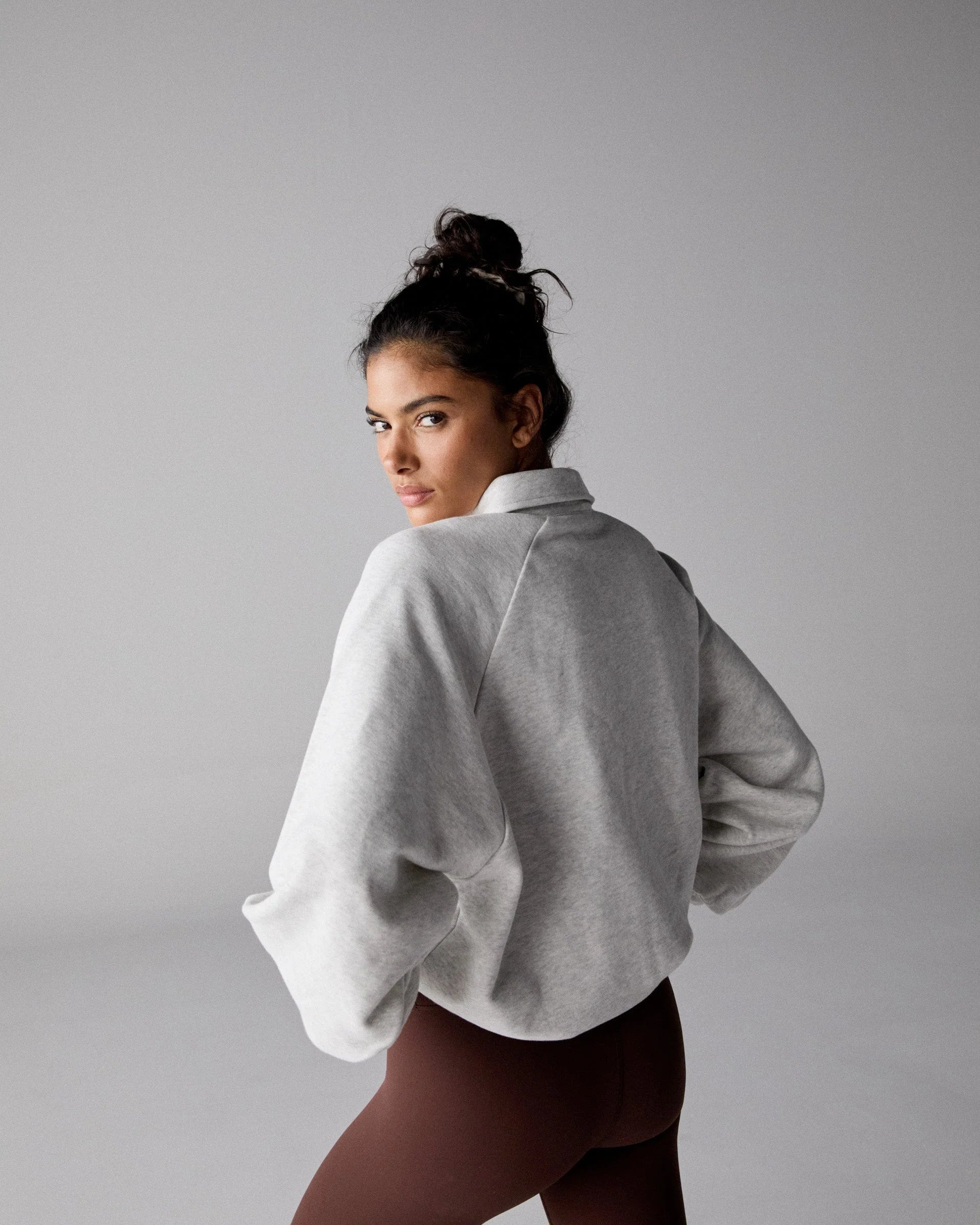 Slouchy Button Up Sweatshirt - Light Grey Melange