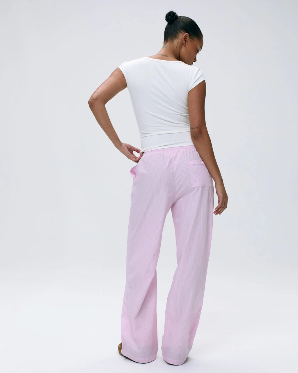 Cotton Stripe Pull On Pants - Pink/White