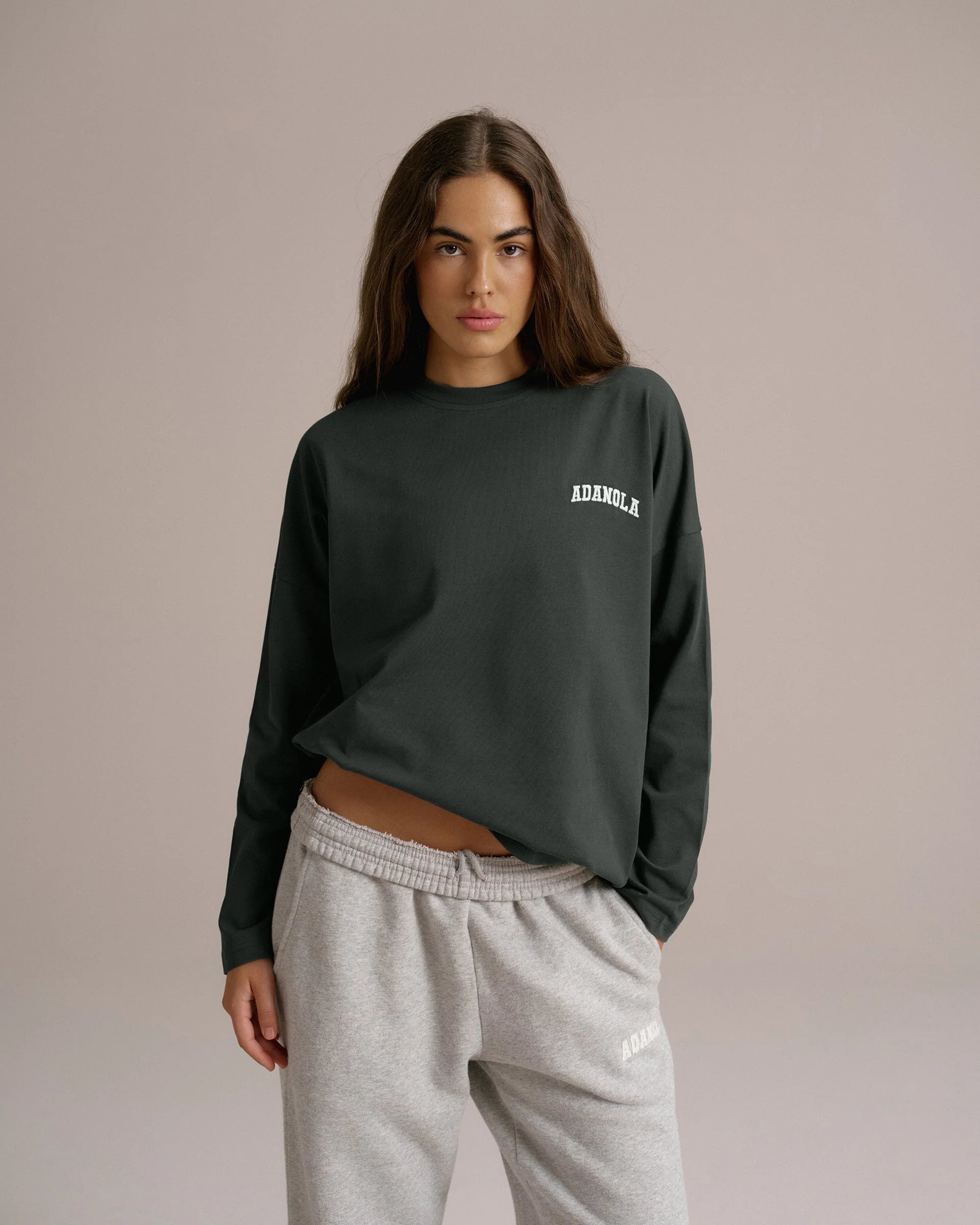 Varsity Long Sleeve Drop Shoulder T-shirt - Moss Green/Marshmallow White
