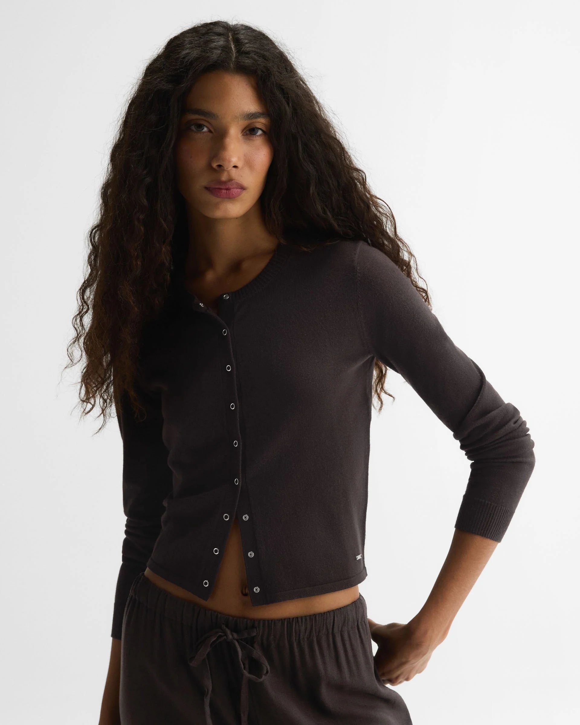 Knit Snap Button Cardigan - Coffee Bean