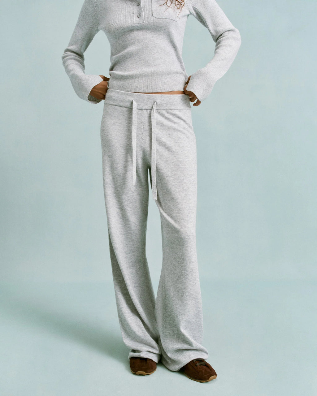 Knit Straight Leg Trousers - Light Grey Melange