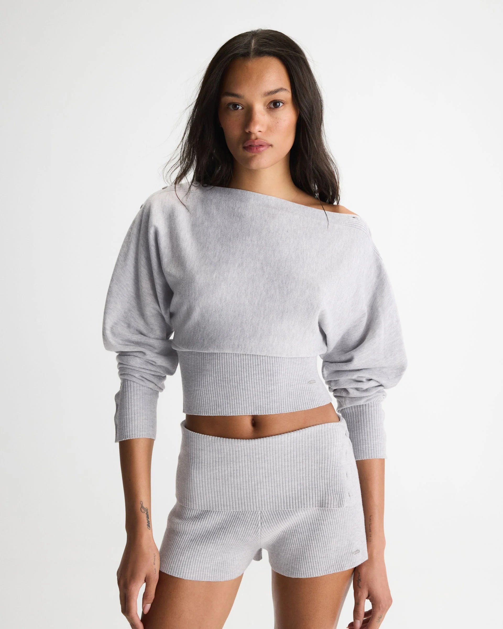 Knit Boat Neck Top - Light Grey Melange