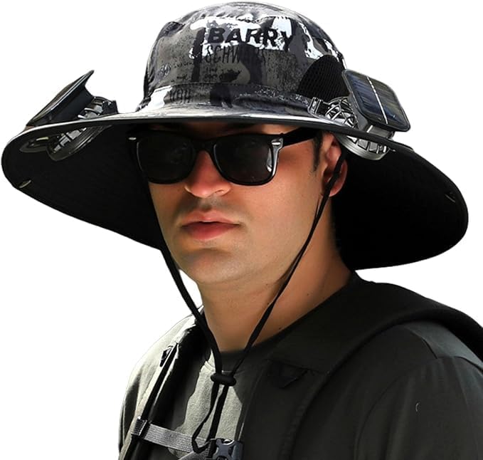 Outdoor Wide Brim Sun Hat with 2 Solar Fan Sun Bucket Hat for Men Women UPF 50+ Bucket Fishing & Beach Hat with Fan Built in