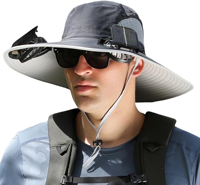 Outdoor Wide Brim Sun Hat with 2 Solar Fan Sun Bucket Hat for Men Women UPF 50+ Bucket Fishing & Beach Hat with Fan Built in