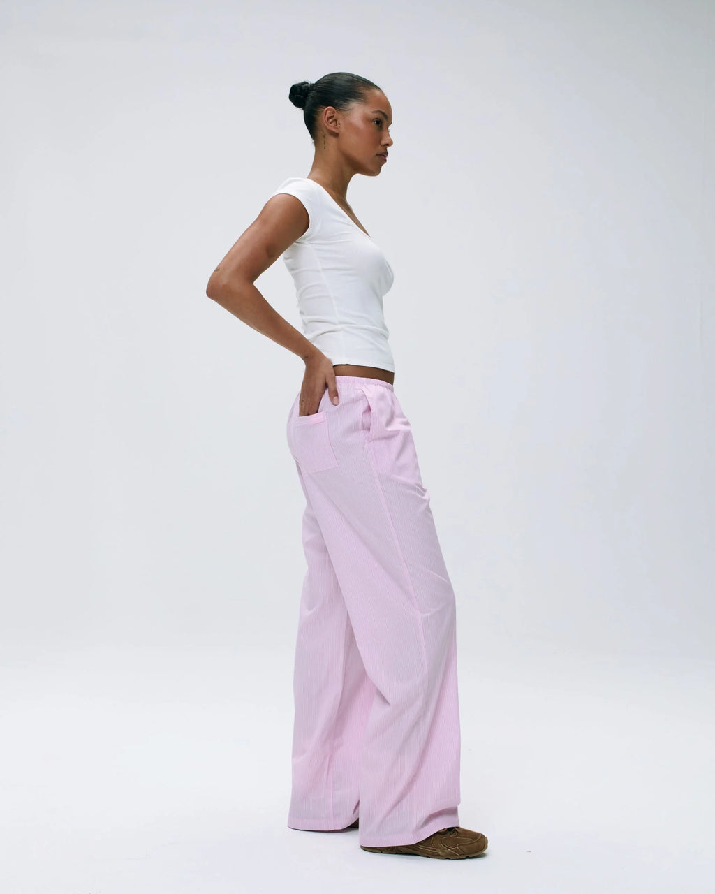 Cotton Stripe Pull On Pants - Pink/White