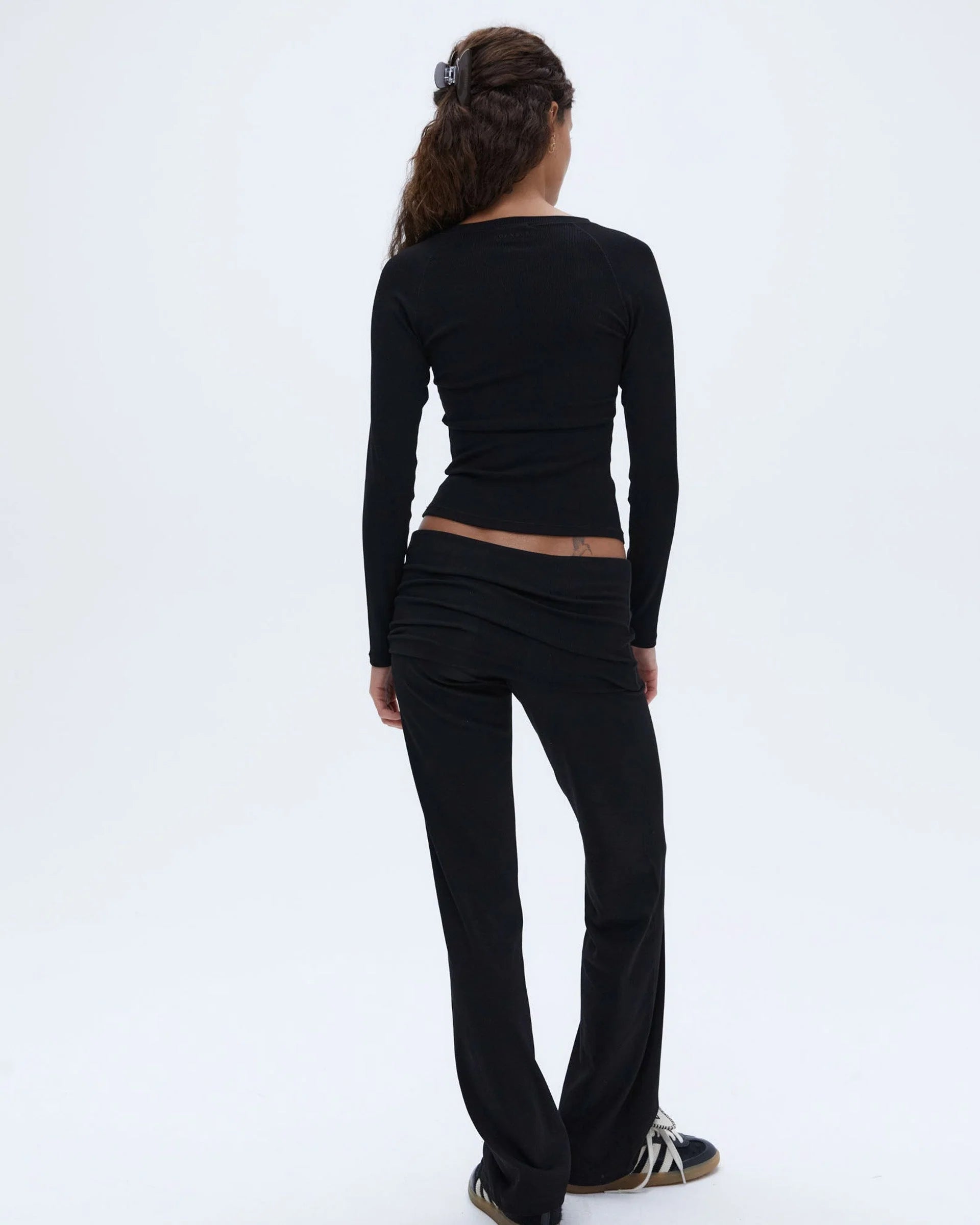 Rib Fold Over Pants - Black