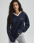 Collared Mesh Long Sleeve Jersey Top - Midnight Blue