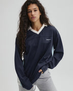 Collared Mesh Long Sleeve Jersey Top - Midnight Blue
