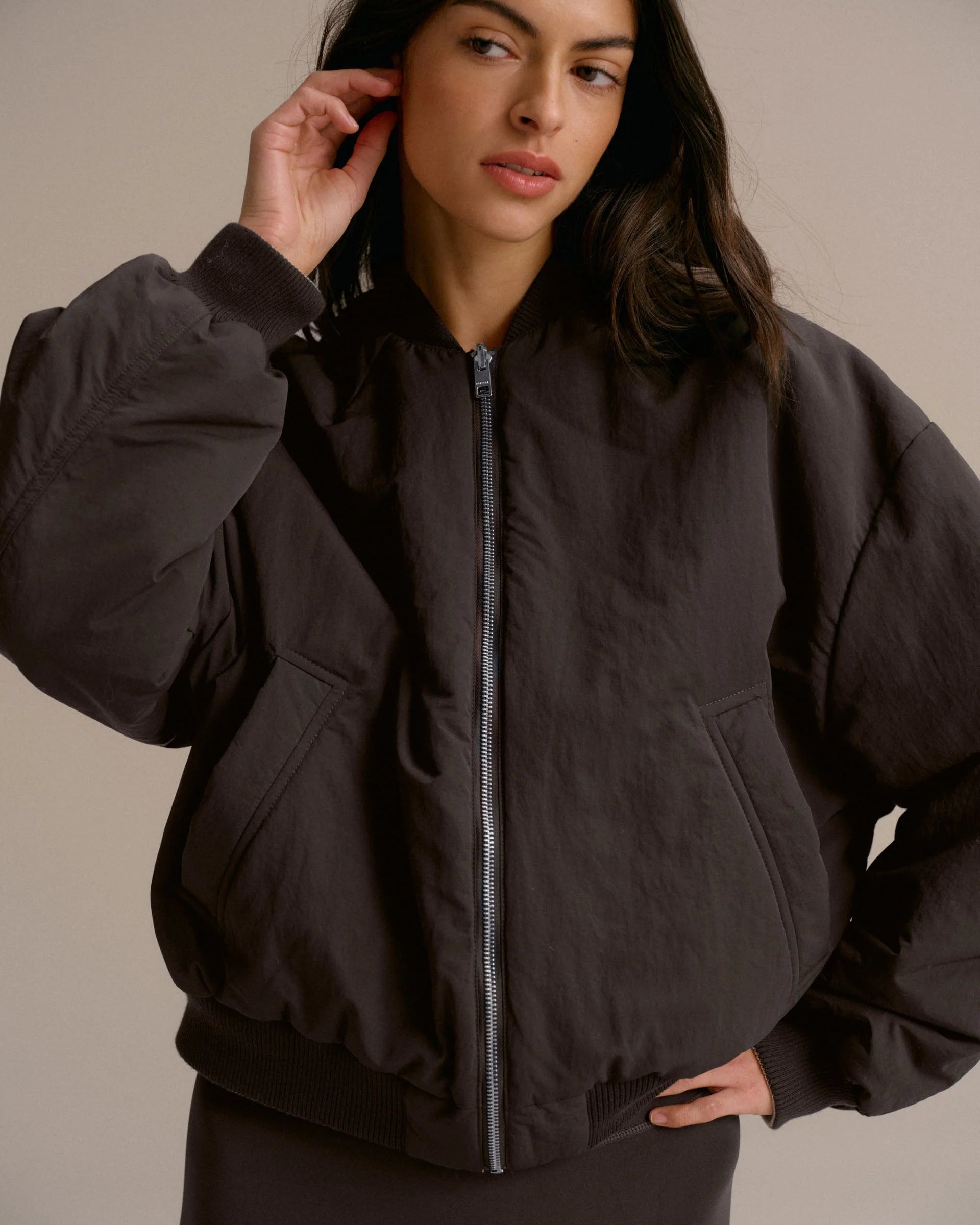 Drop Shoulder Reversible Bomber Jacket - Coffee Bean/Marshmallow White